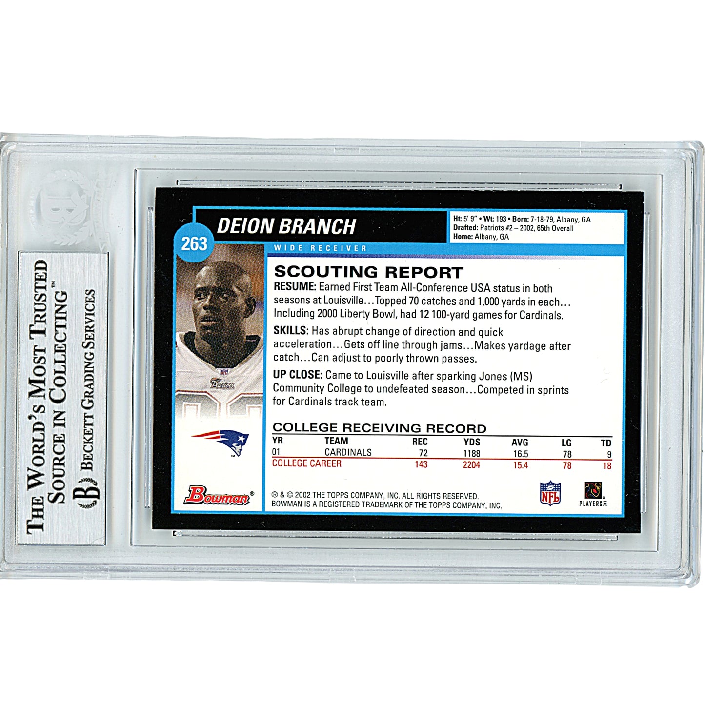 Footballs- Autographed- Deion Branch Signed New England Patriots 2002 Bowman Football Card Beckett BAS Slabbed 00014226073 - 102