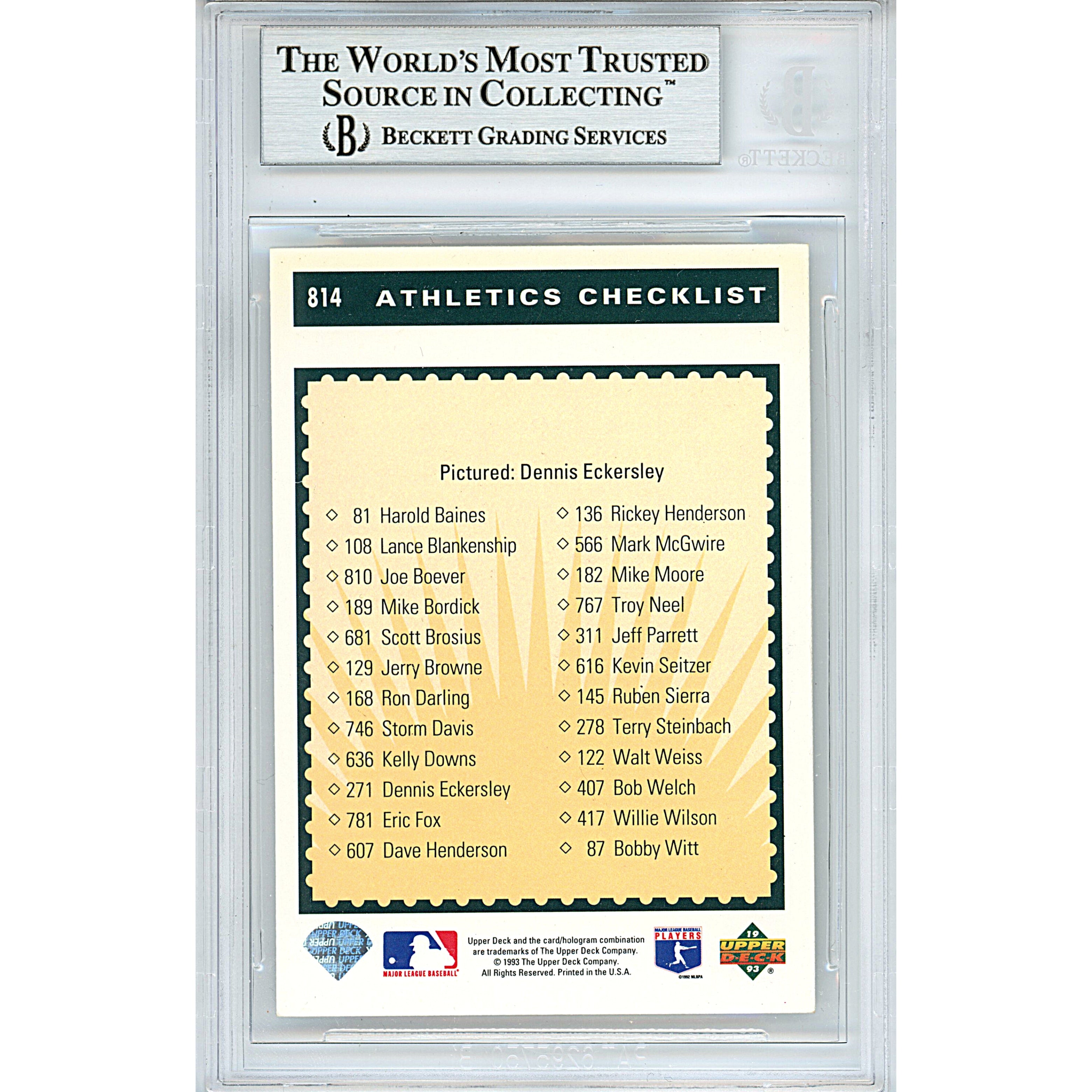 Dennis Eckersley auto trading card – authentication sticker – Beckett COA