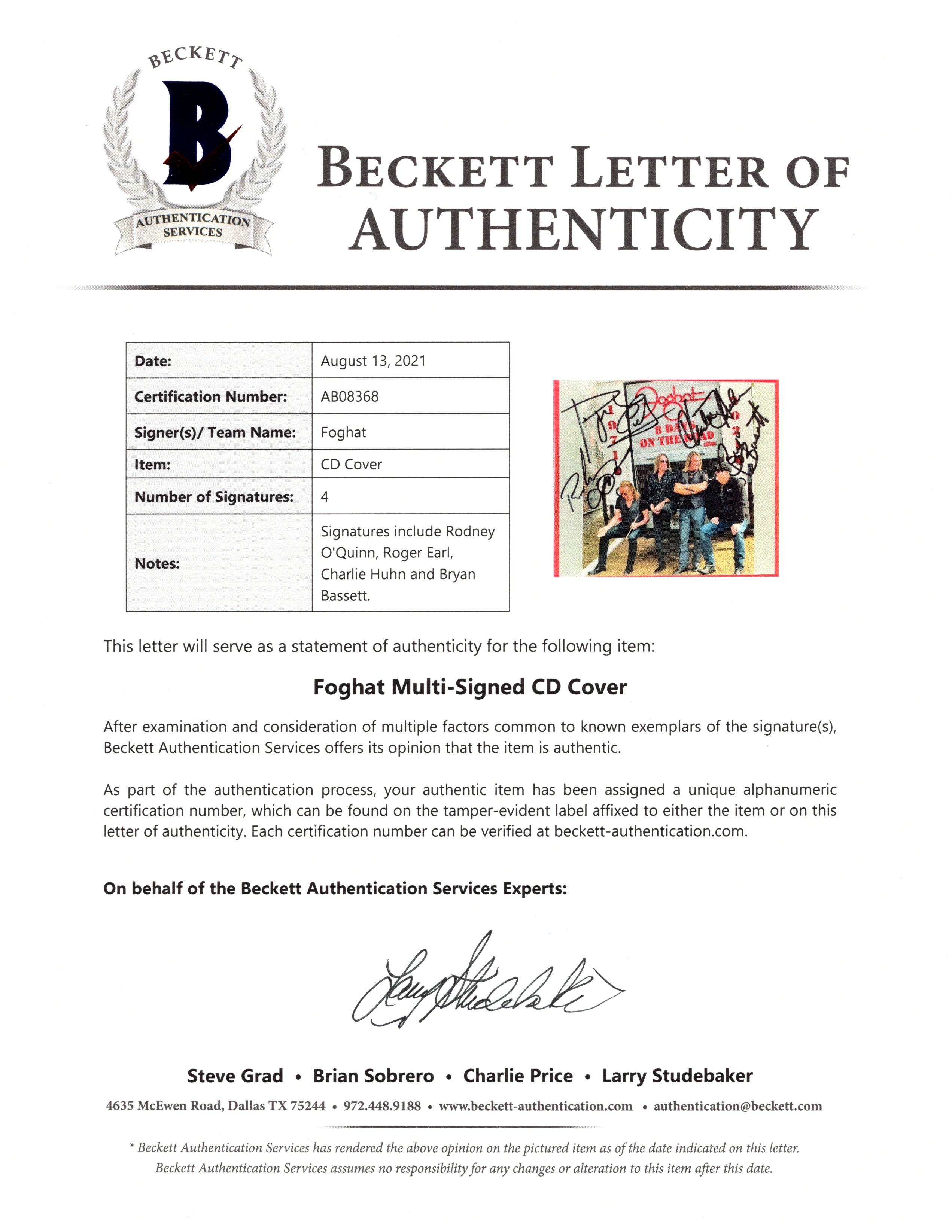 Foghat Band auto photo – authentication sticker – Beckett COA