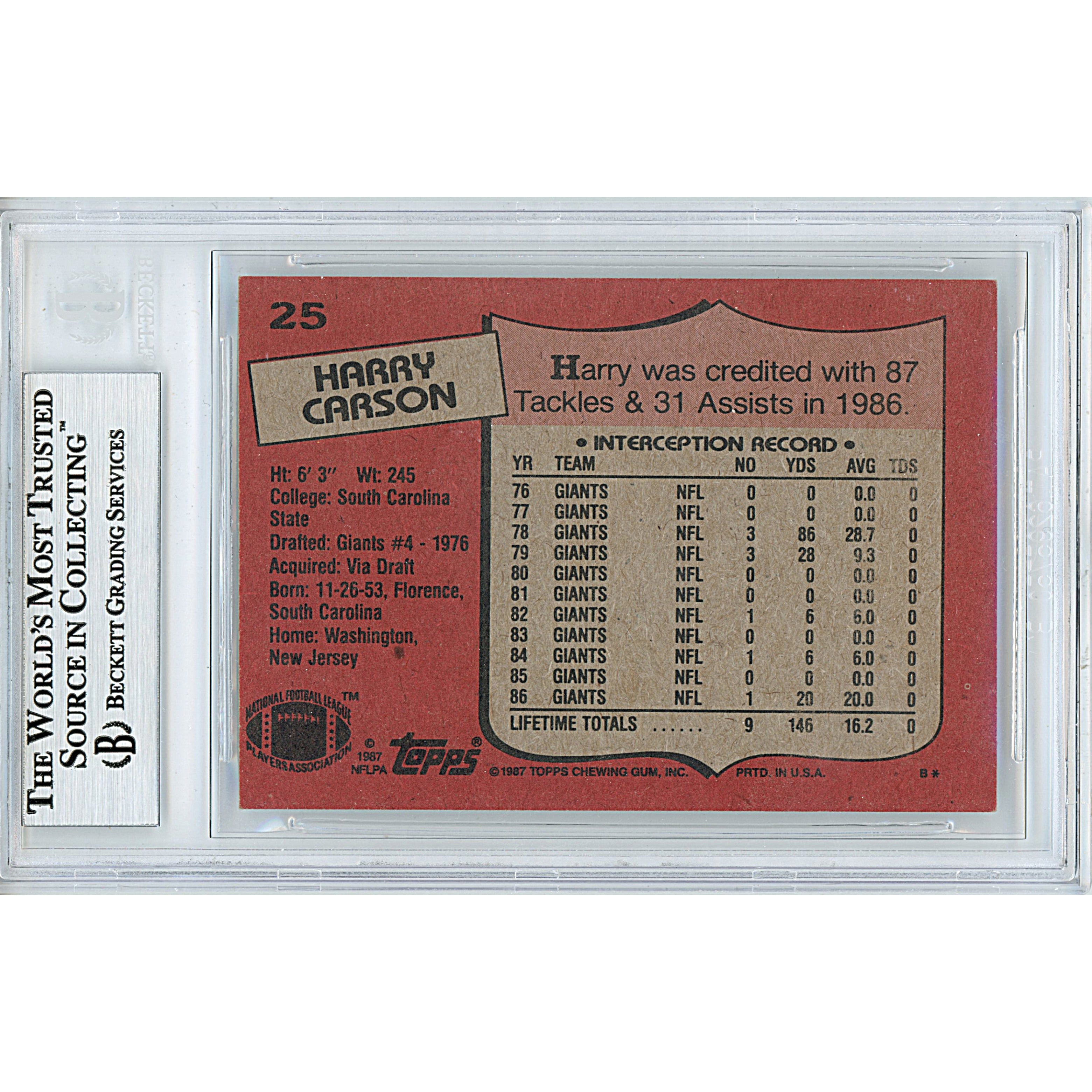 Harry Carson signed trading card – signature close-up – Beckett COA