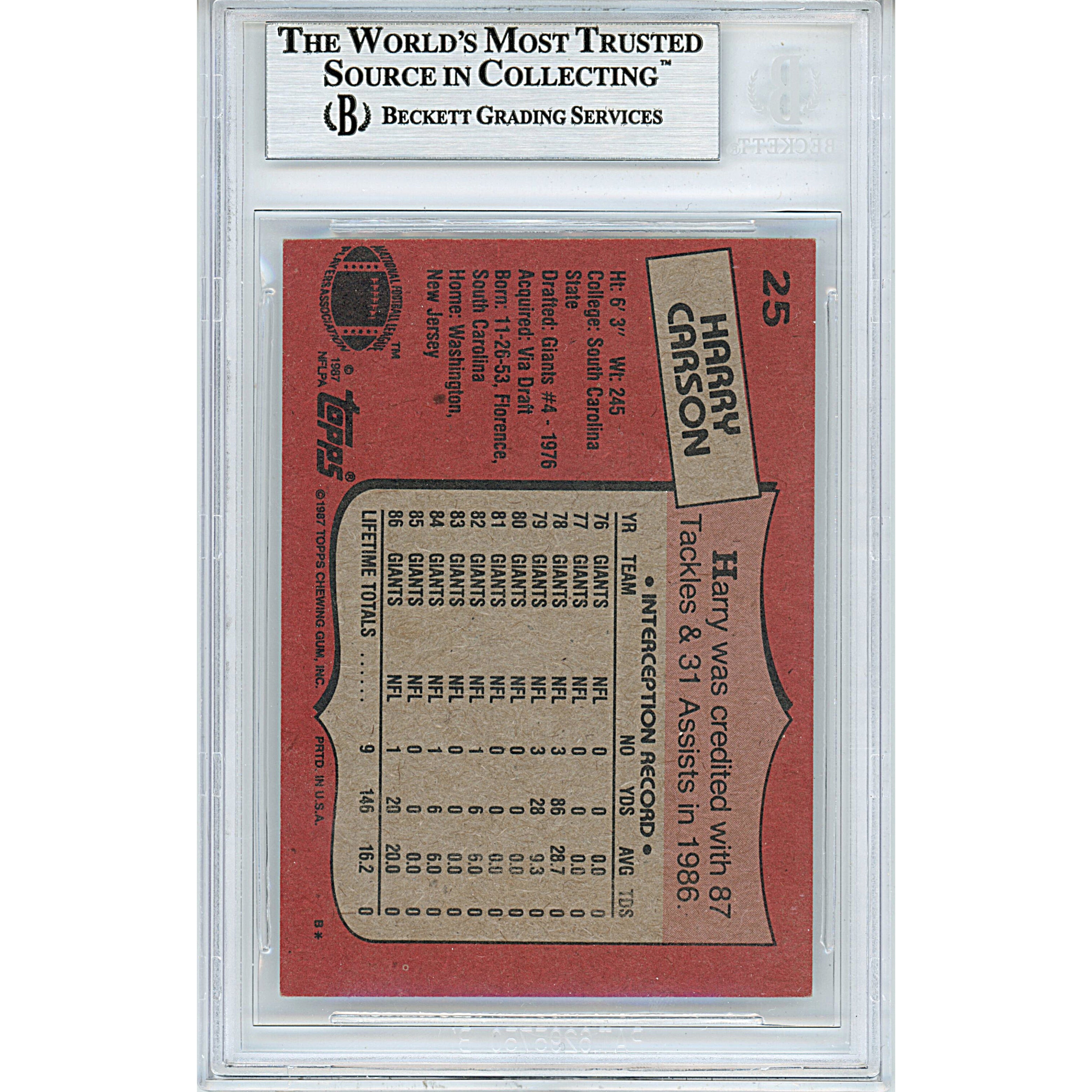 Harry Carson auto trading card – authentication sticker – Beckett COA