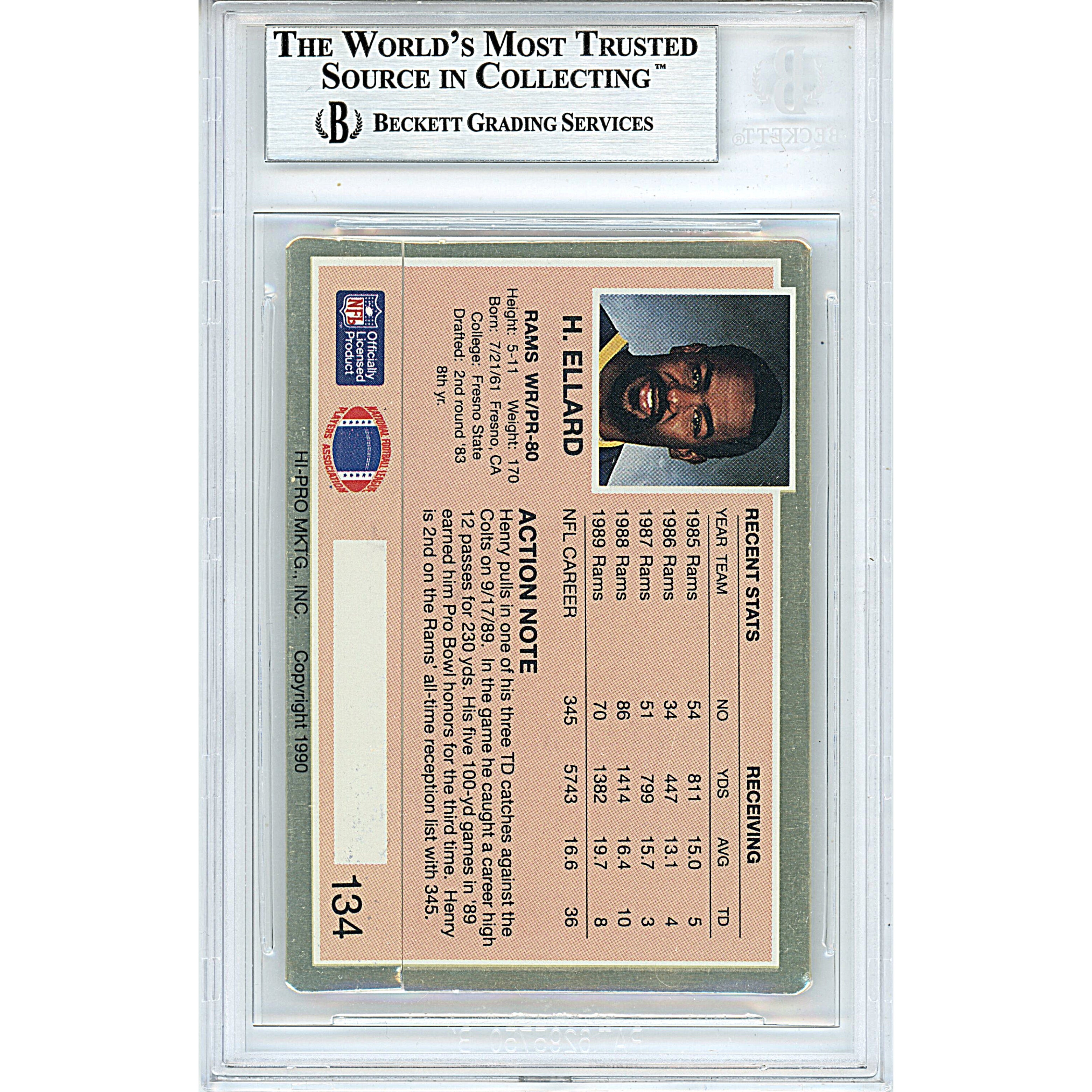 Henry Ellard auto trading card – authentication sticker – Beckett COA