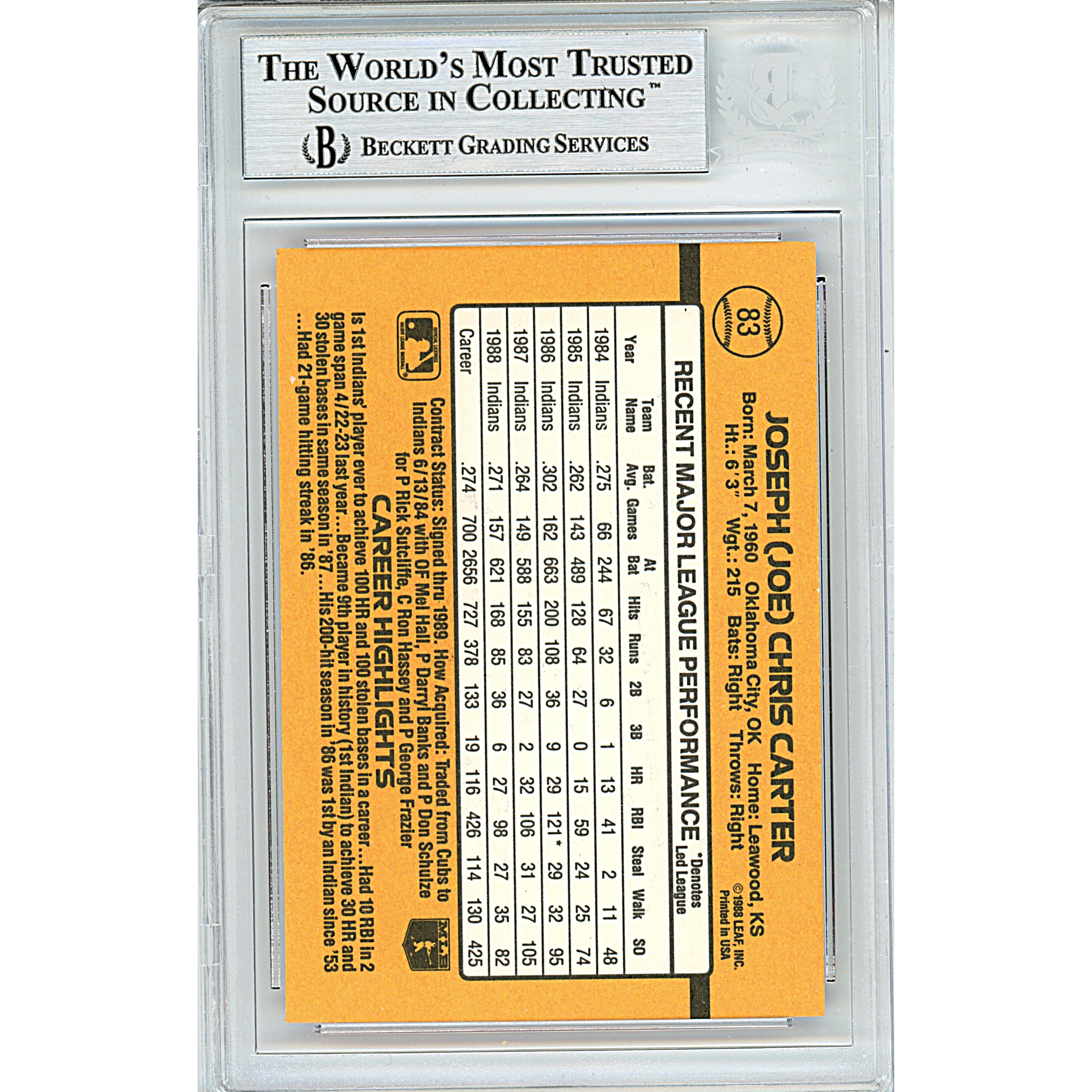 1989 Donruss Joe Carter Autograph Trading Card – Beckett BAS