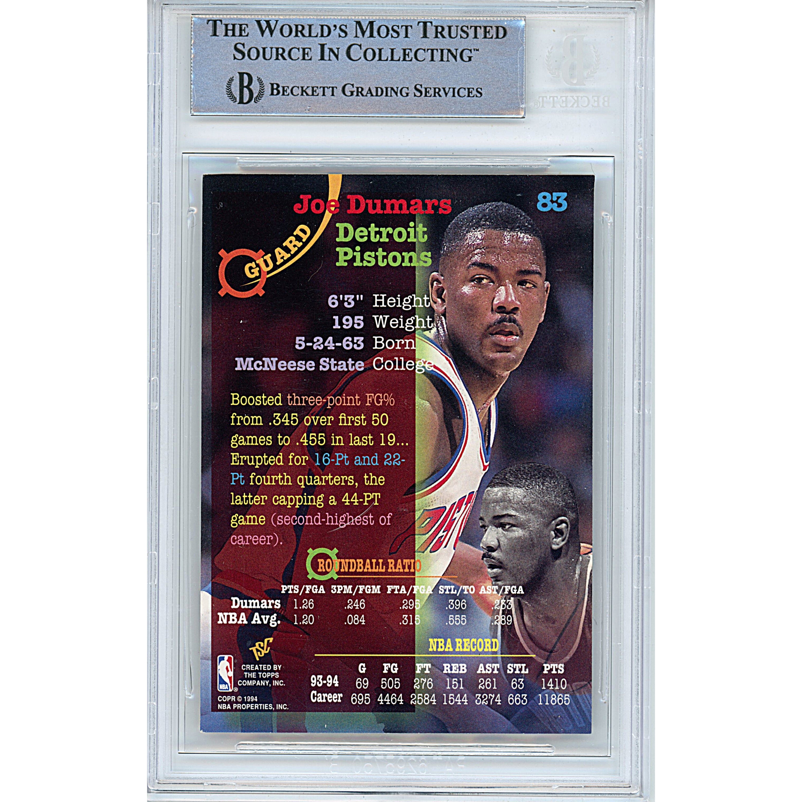 1994 Stadium Club Joe Dumars Signed Trading Card – Beckett BAS