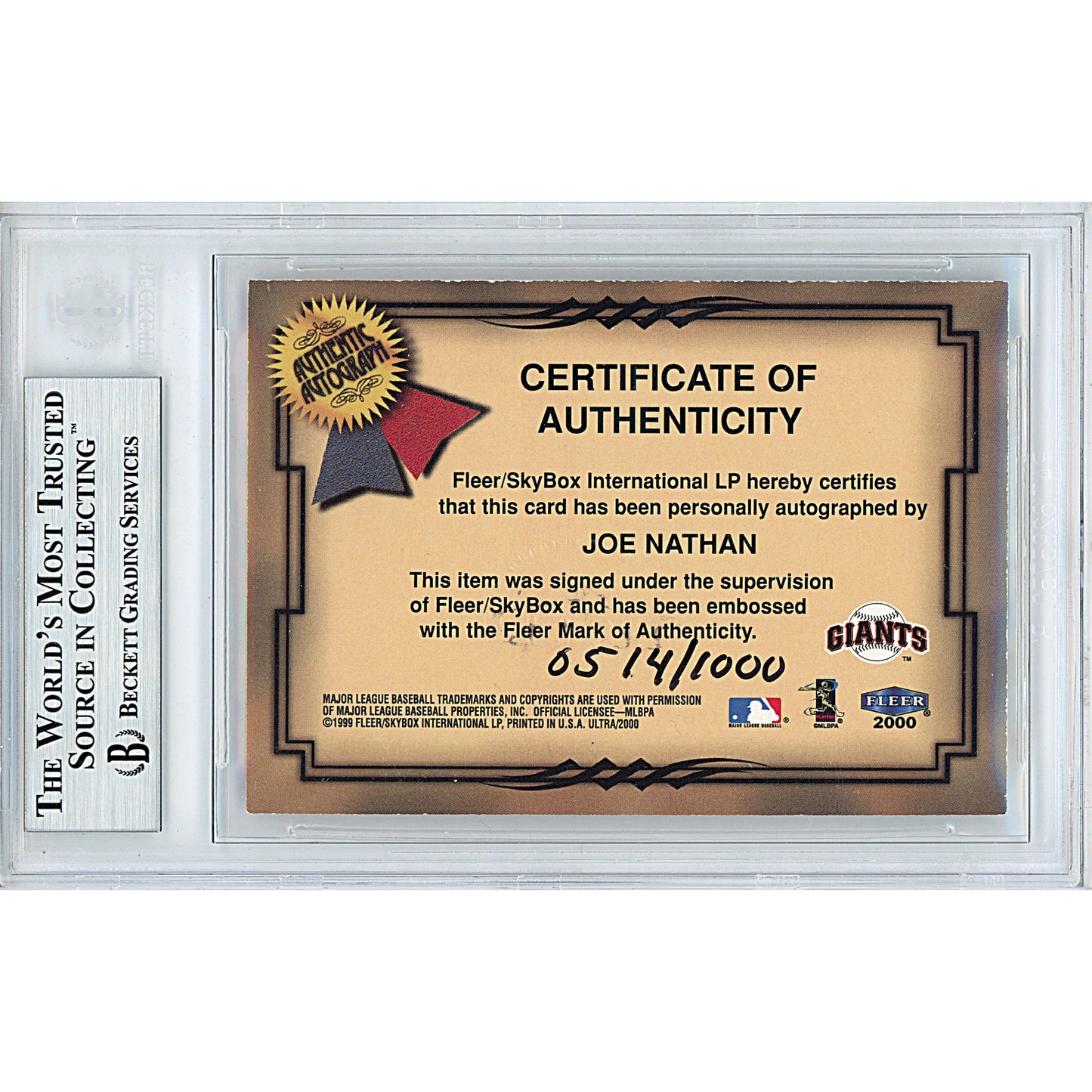 Baseballs- Autographed- Joe Nathan Signed San Francisco Giants 2000 Fleer Ultra fresh Ink Insert Set Baseball Trading Card - Beckett BGS BAS Slabbed - Encapsulated - 00011847717 - 103