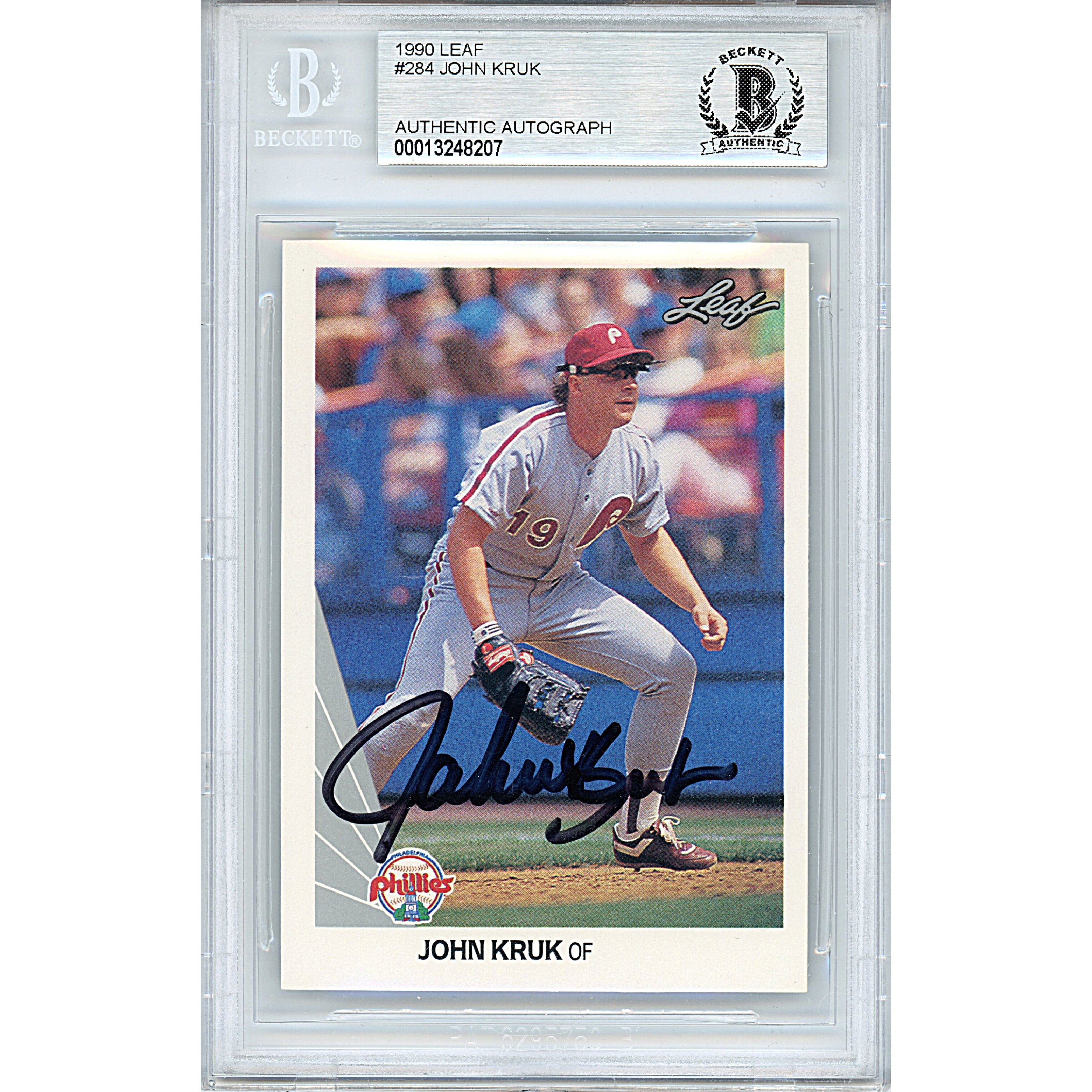 John Kruk Autographed Philadelphia Phillies 1990 Leaf Baseball Card Beckett  Slab