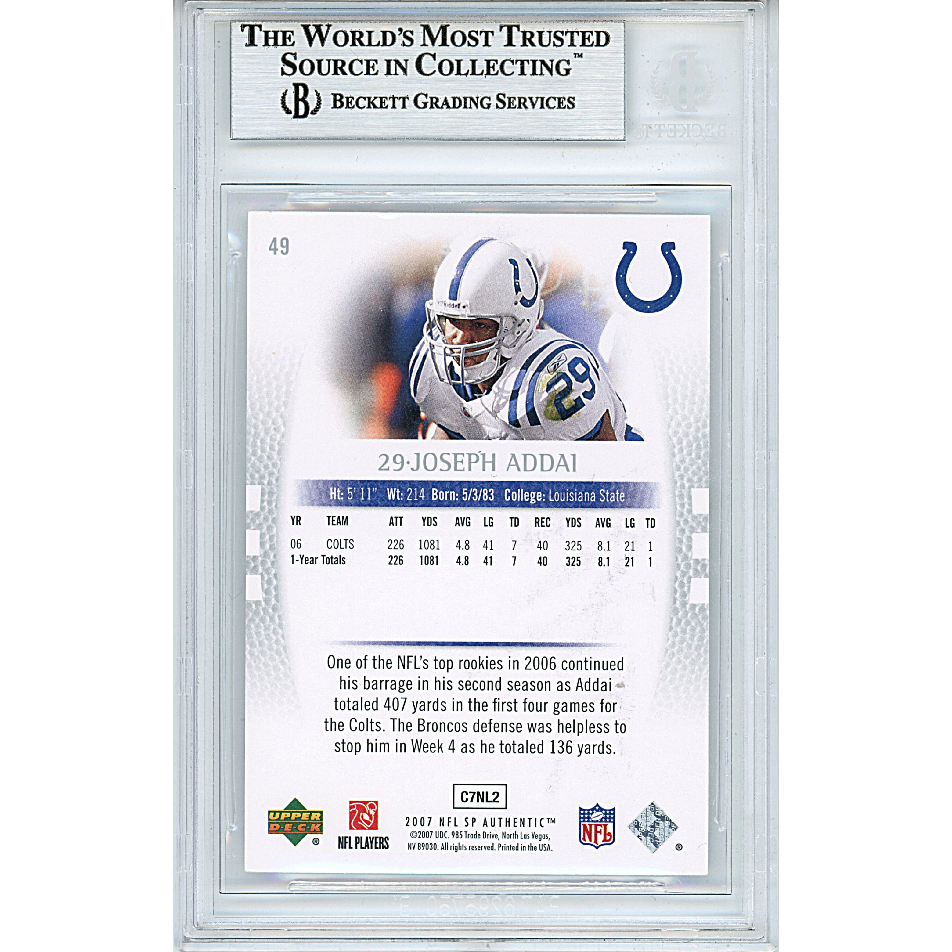 2007 Upper Deck #49 Joseph Addai Indianapolis Signed Trading Card – Beckett BAS