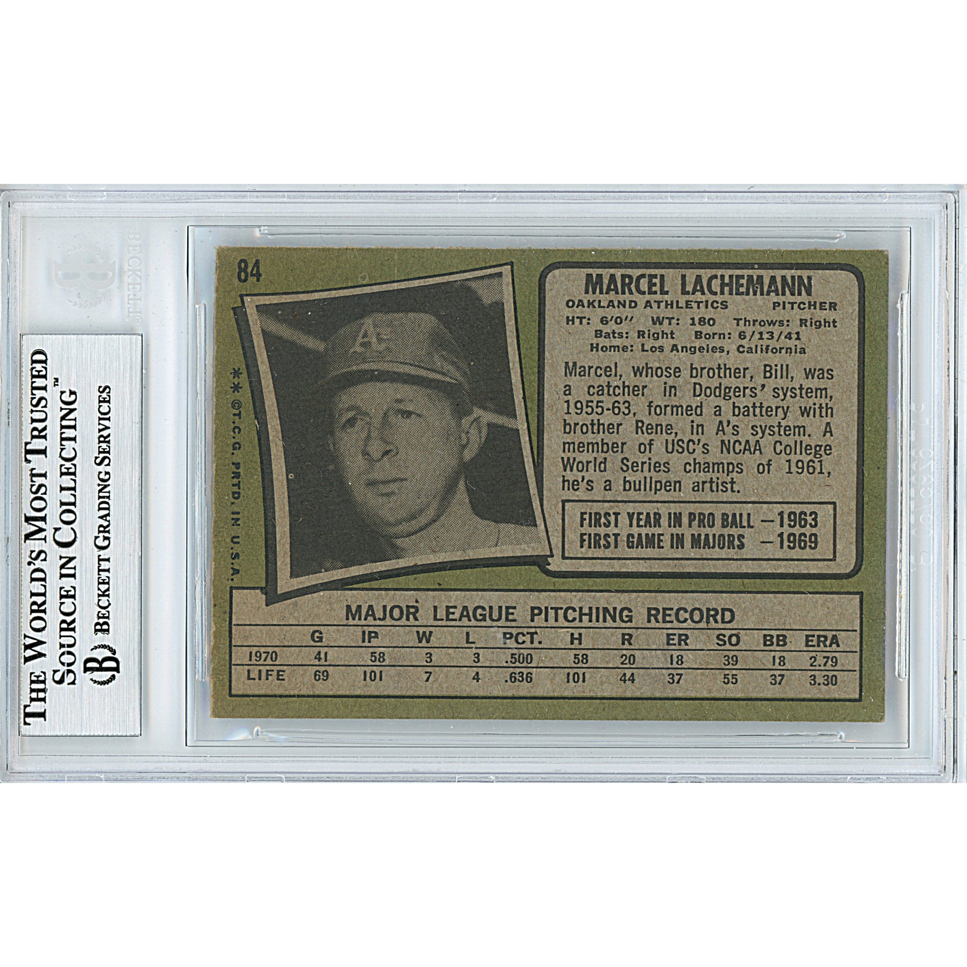 Marcel Lachemann signed trading card – signature close-up – Beckett COA