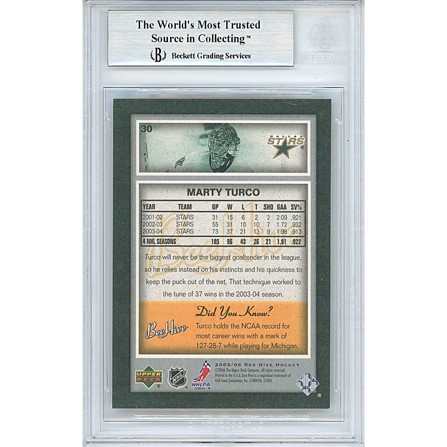 Hockey- Autographed- Marty Turco Signed Dallas Stars 2005-2006 Beehive Hockey Card Beckett Slabbed 00013248072 - 102