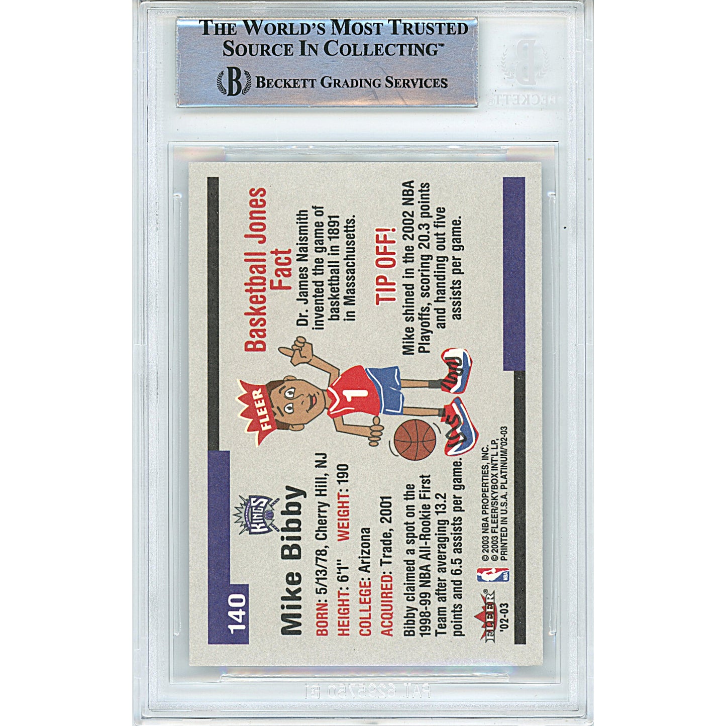 Basketball- Autographed- Mike Bibby Signed Sacramento Kings 2002-2003 Fleer Platinum Trading Card Beckett Authentication Slabbed 00014998799 - 103