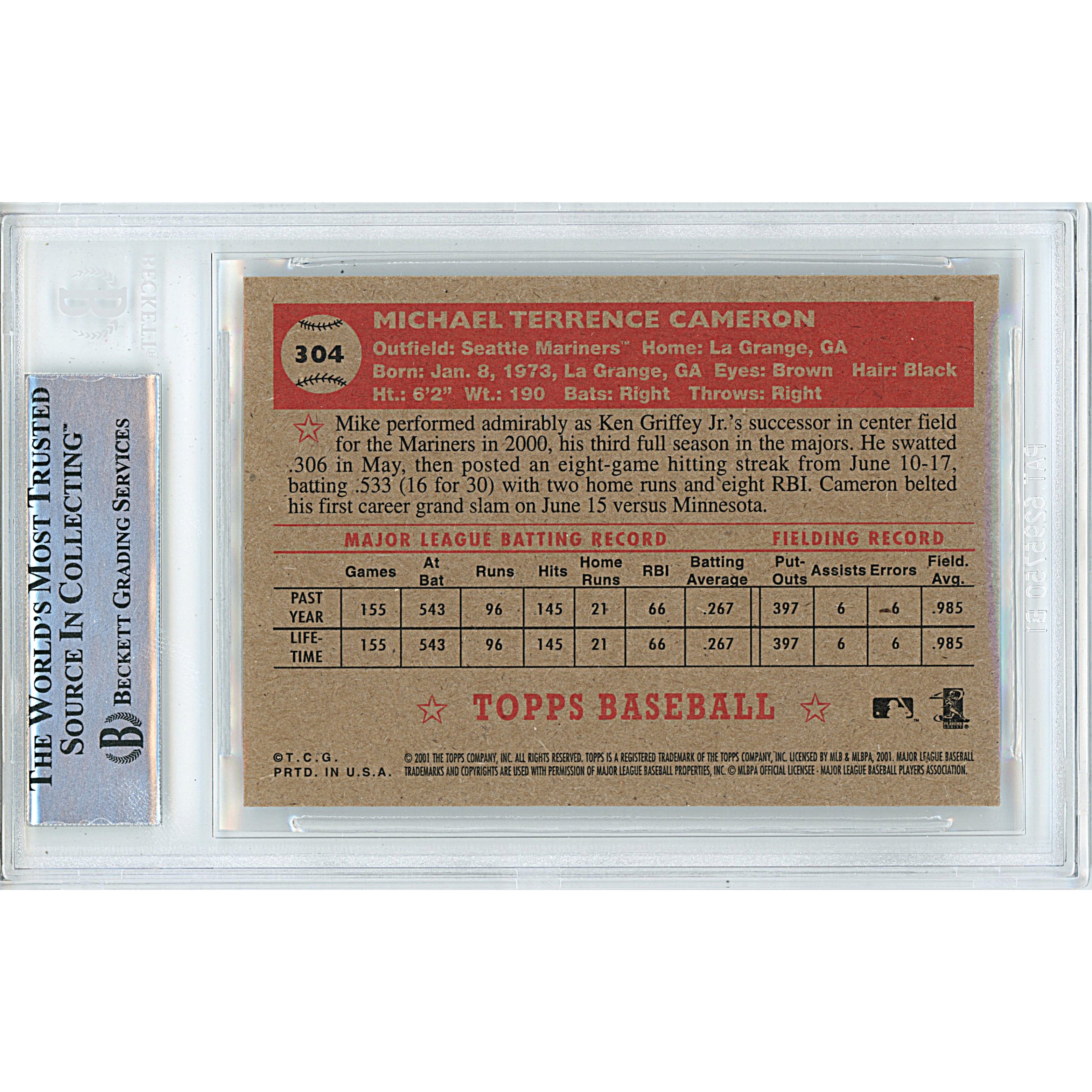 Mike Cameron auto trading card – authentication sticker – Beckett COA