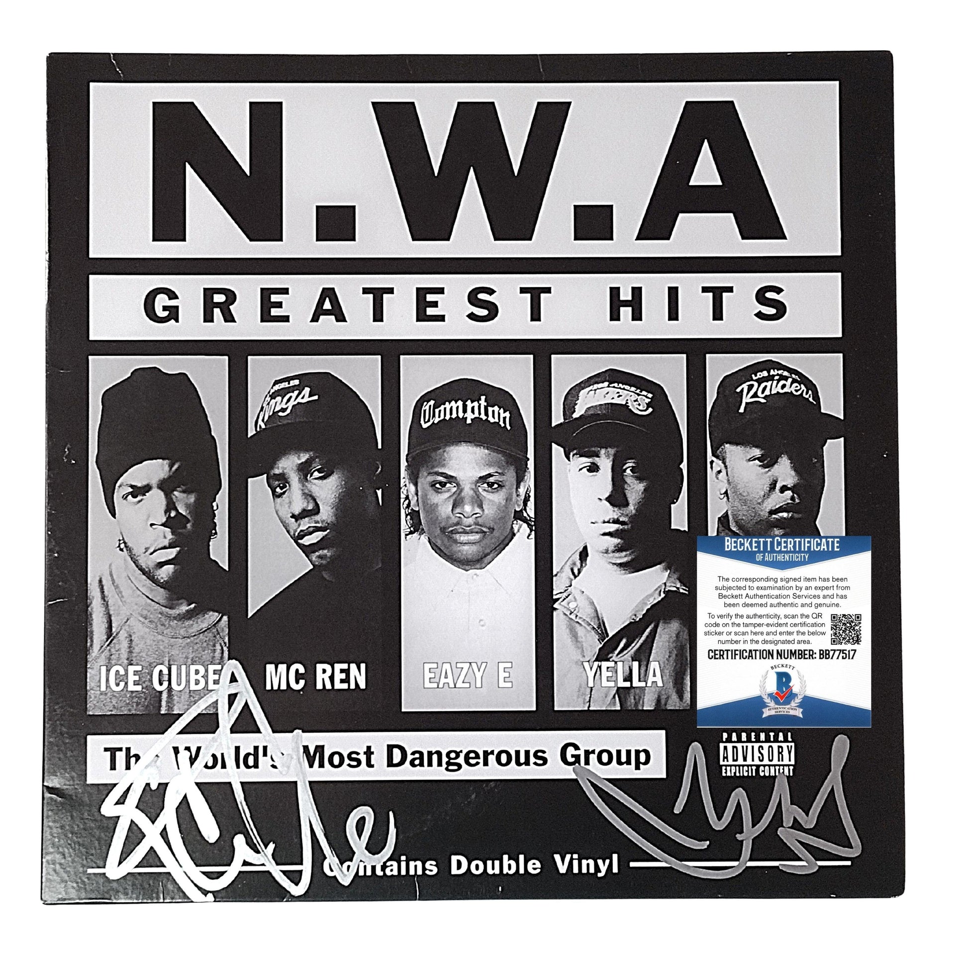 Music- Autographed- Ice Cube and DJ Yella Signed NWA Greatest Hits Vinyl Record Album Cover Proof Photos Beckett BAS Authentication 102