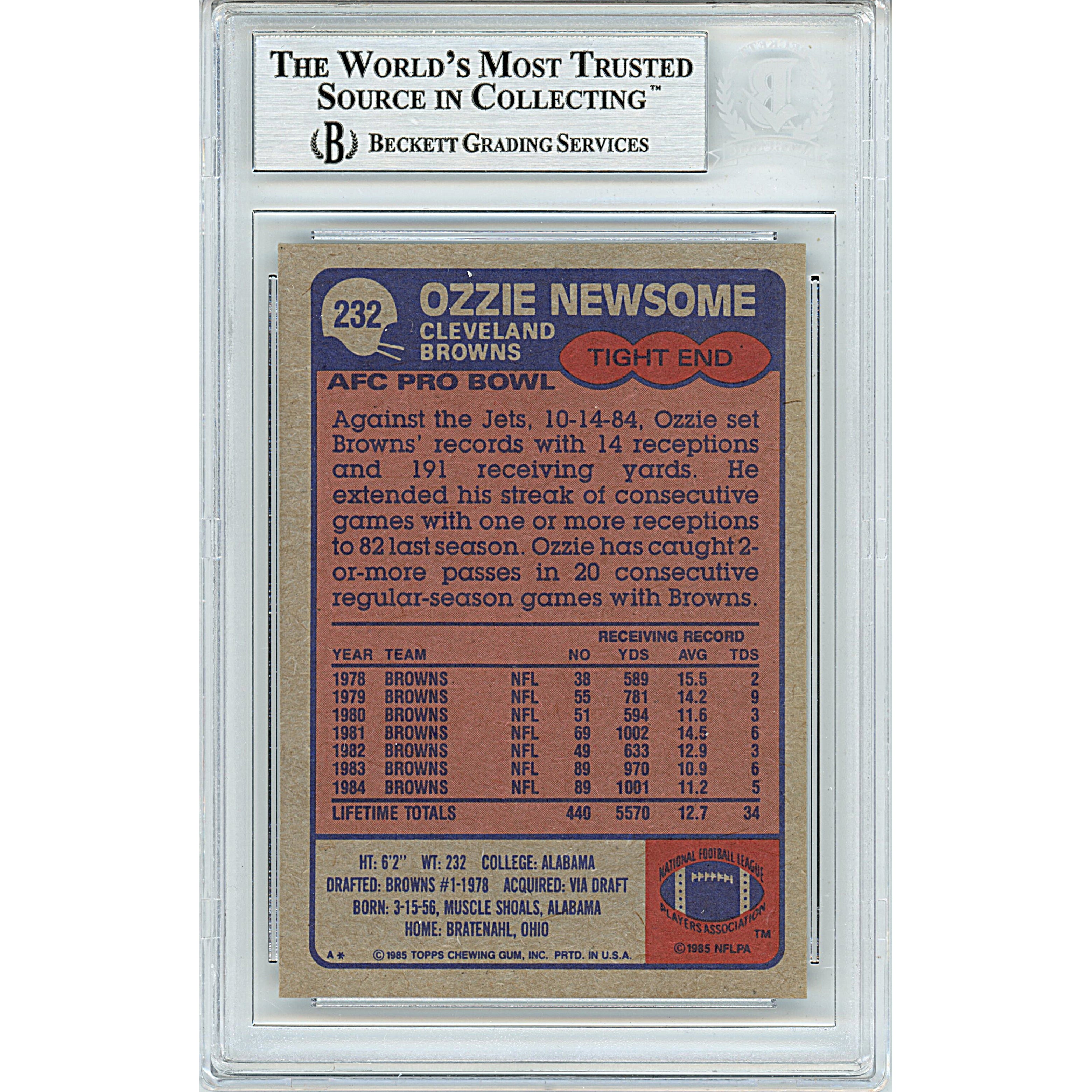 Ozzie Newsome auto trading card – authentication sticker – Beckett COA