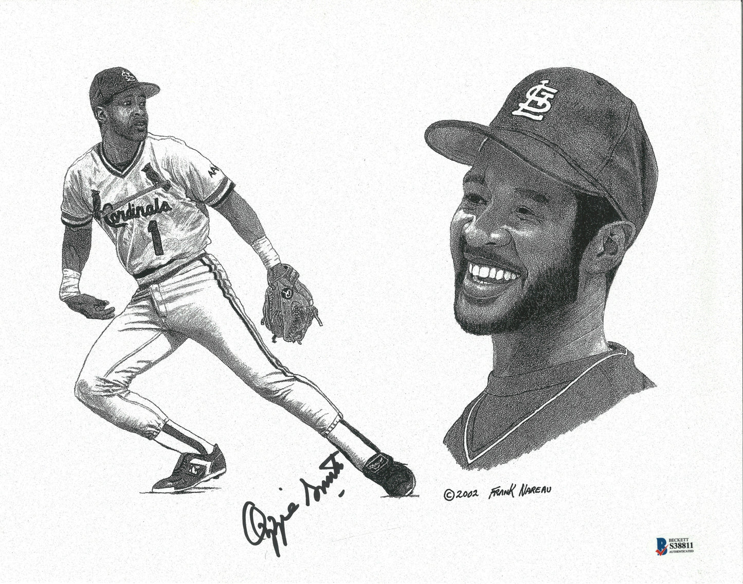 Baseballs- Autographed- Ozzie Smith Signed St. Louis Cardinals Frank Nareau 11x14 Litho Beckett BAS Authentication 102