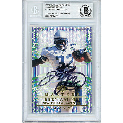 Footballs- Autographed- Ricky Watters Signed Seattle Seahawks 2000 Collectors Edge Masters Retail Football Card Beckett BAS Authenticated Slabbed 00013190457 - 101