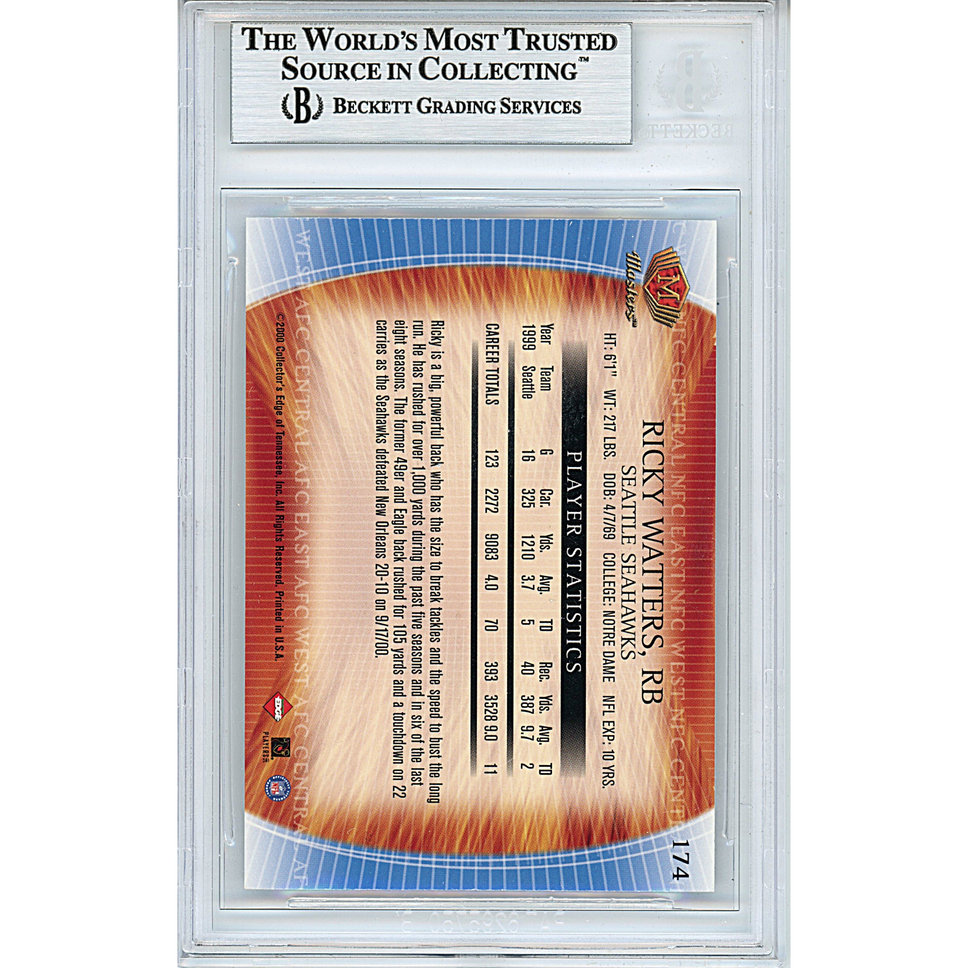 Ricky Watters auto trading card – authentication sticker – Beckett COA