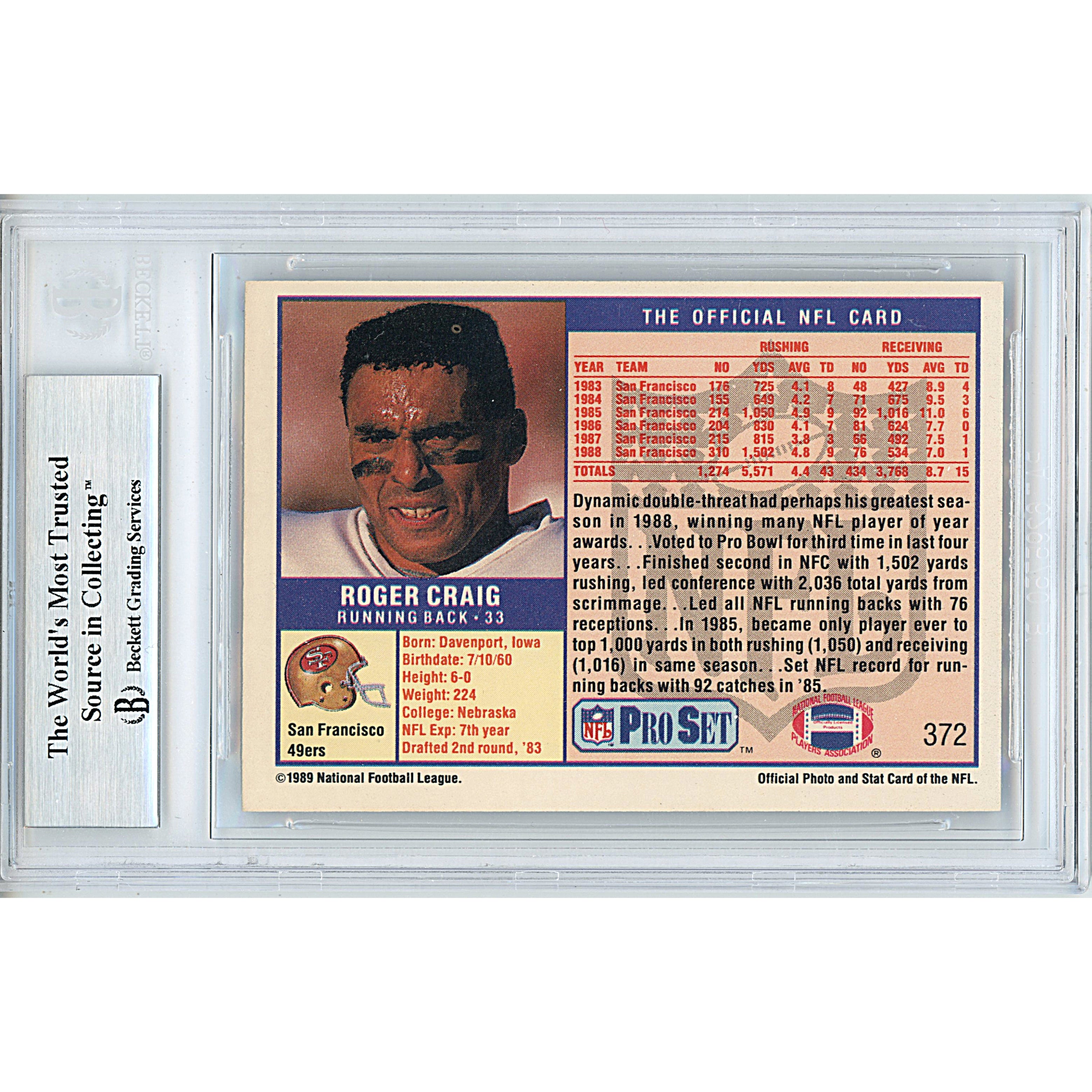 Roger Craig signed trading card – signature close-up – Beckett COA