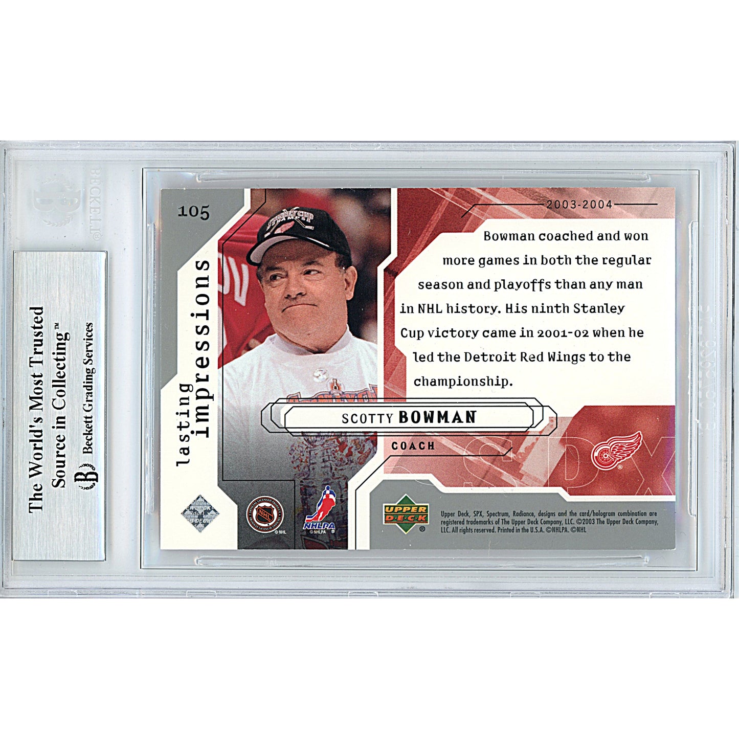 Hockey- Autographed- Scotty Bowman Signed Detroit Red Wings 2003-2004 SPX Hockey Card Beckett BAS Slabbed 00013248068 - 103