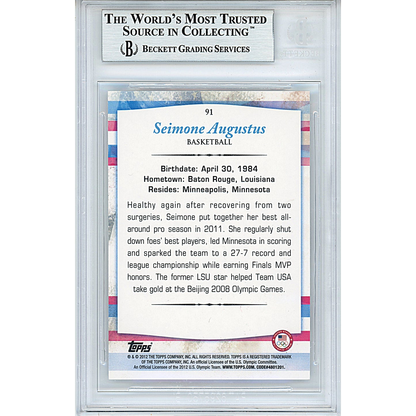 Basketballs- Autographed- Seimone Augustus Signed 2012 Topps US Olympic Team Silver Basketball Card Beckett BAS Slabbed 00013799401 - 102