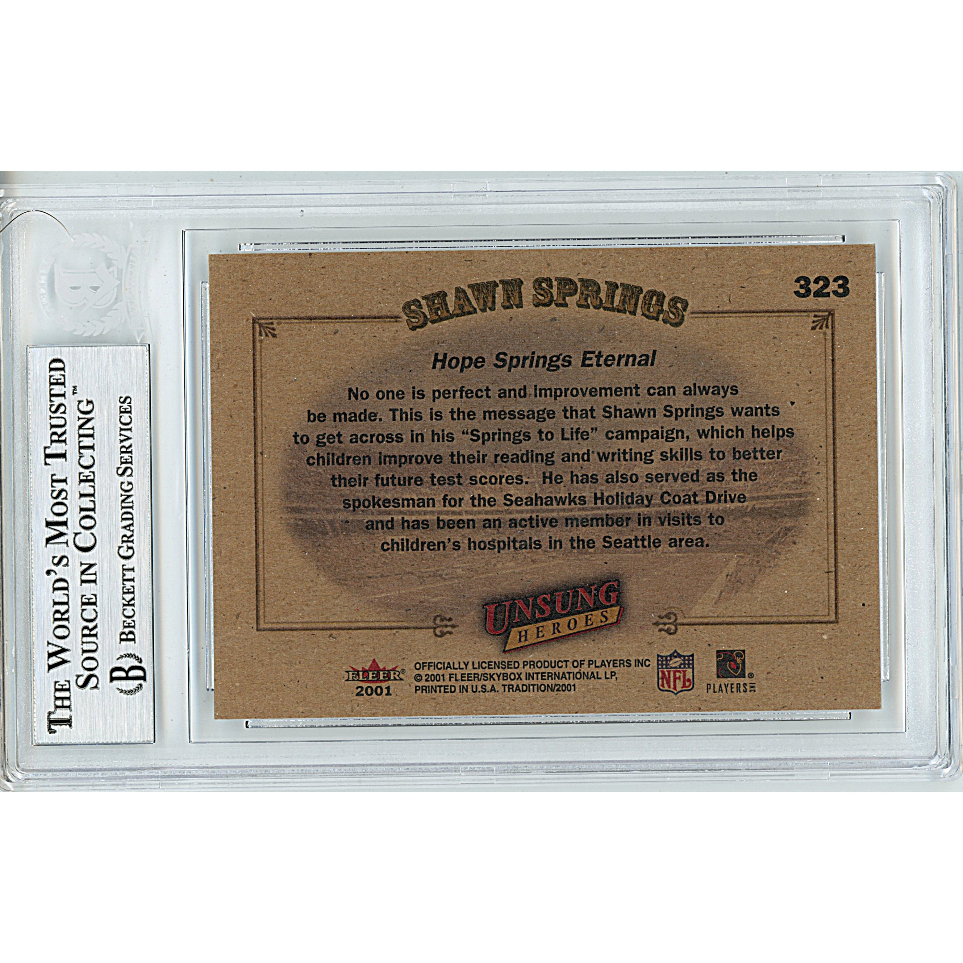 Shawn Springs auto trading card – authentication sticker – Beckett COA