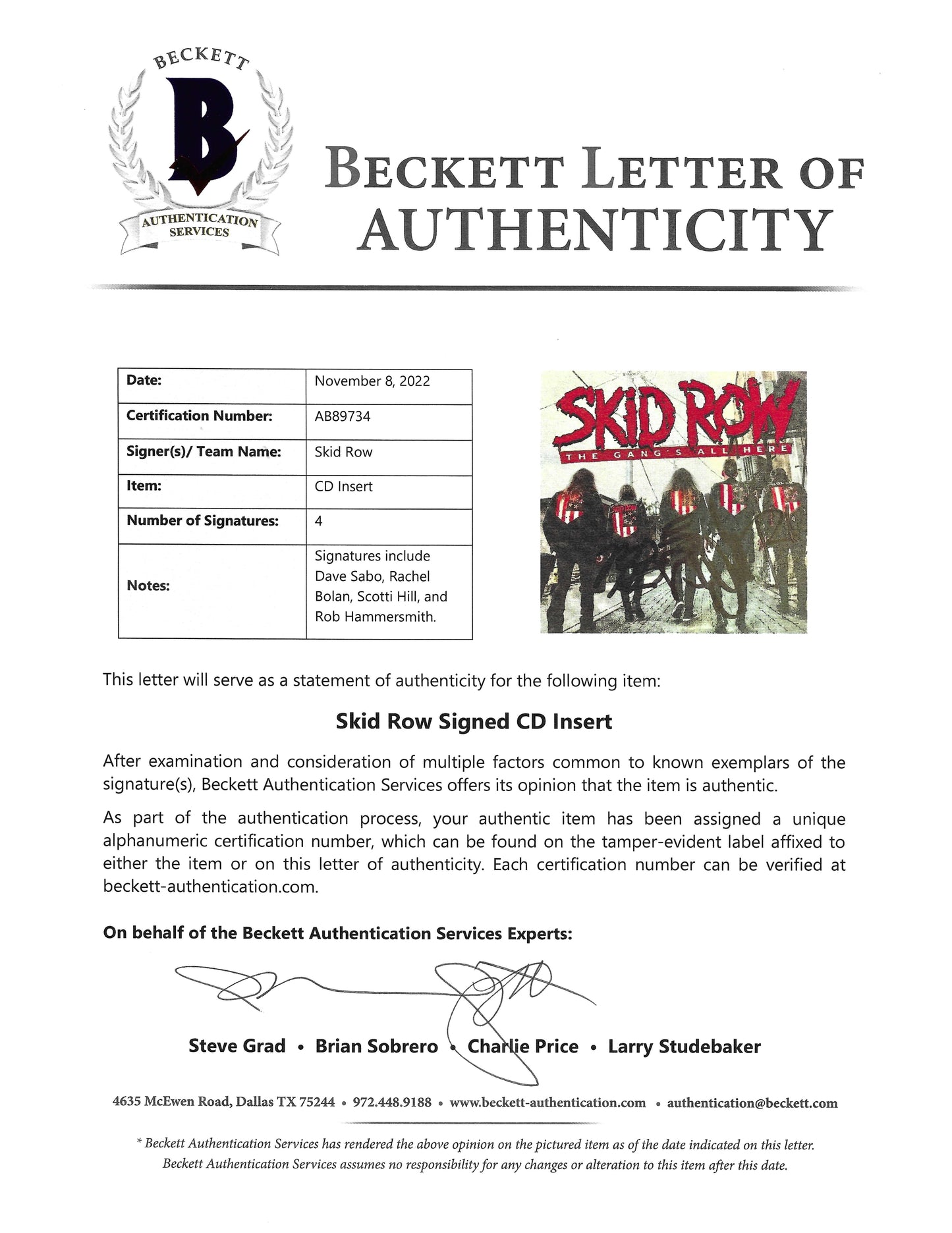 Music- Autographed- Skid Row Signed The Gangs All Here CD Cover Framed Matted Wall Display Beckett Authentication LOA 1