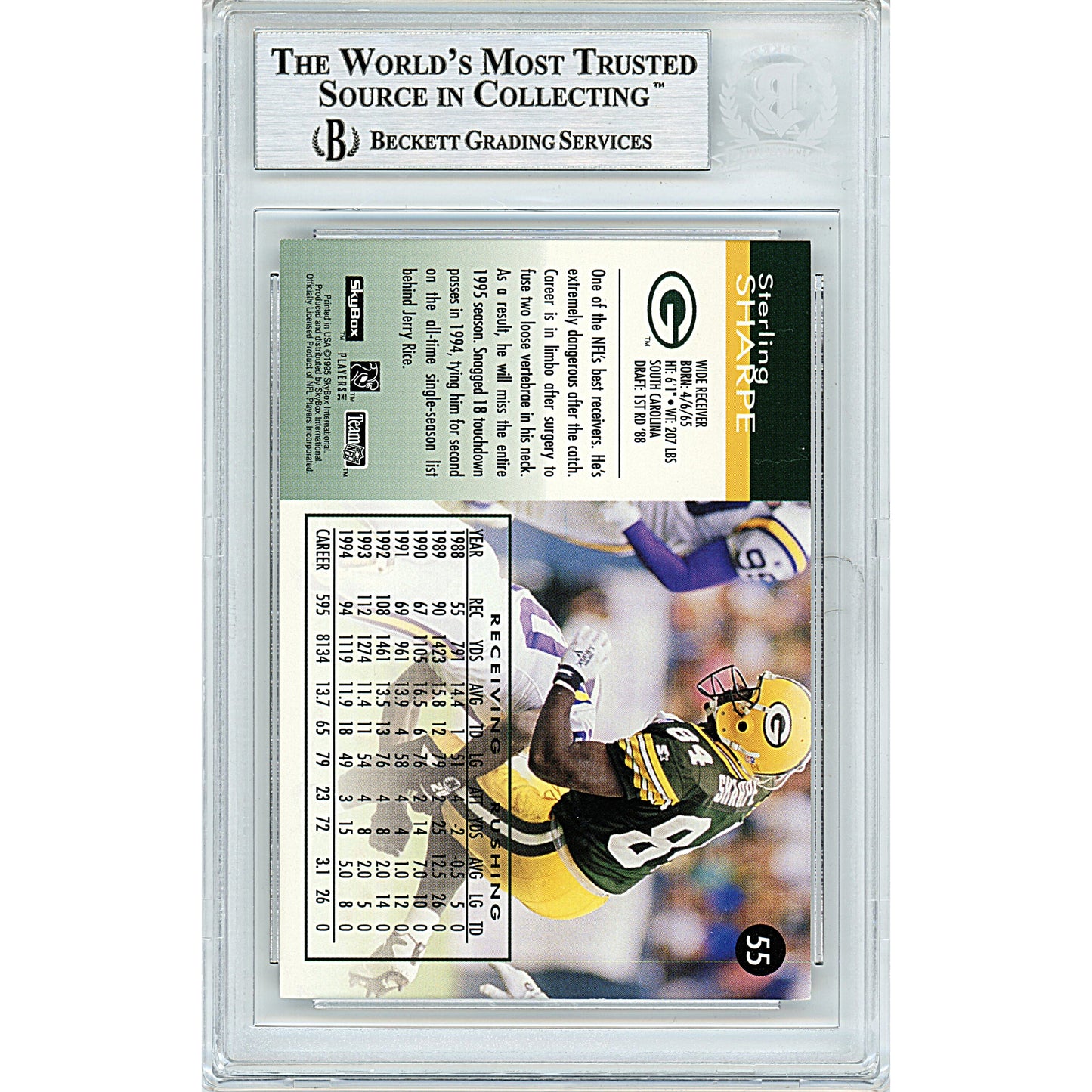 Footballs- Autographed- Sterling Sharpe Signed Green Bay Packers 1995 Skybox Impact Football Card Beckett BAS Slabbed 00014225859 - 104