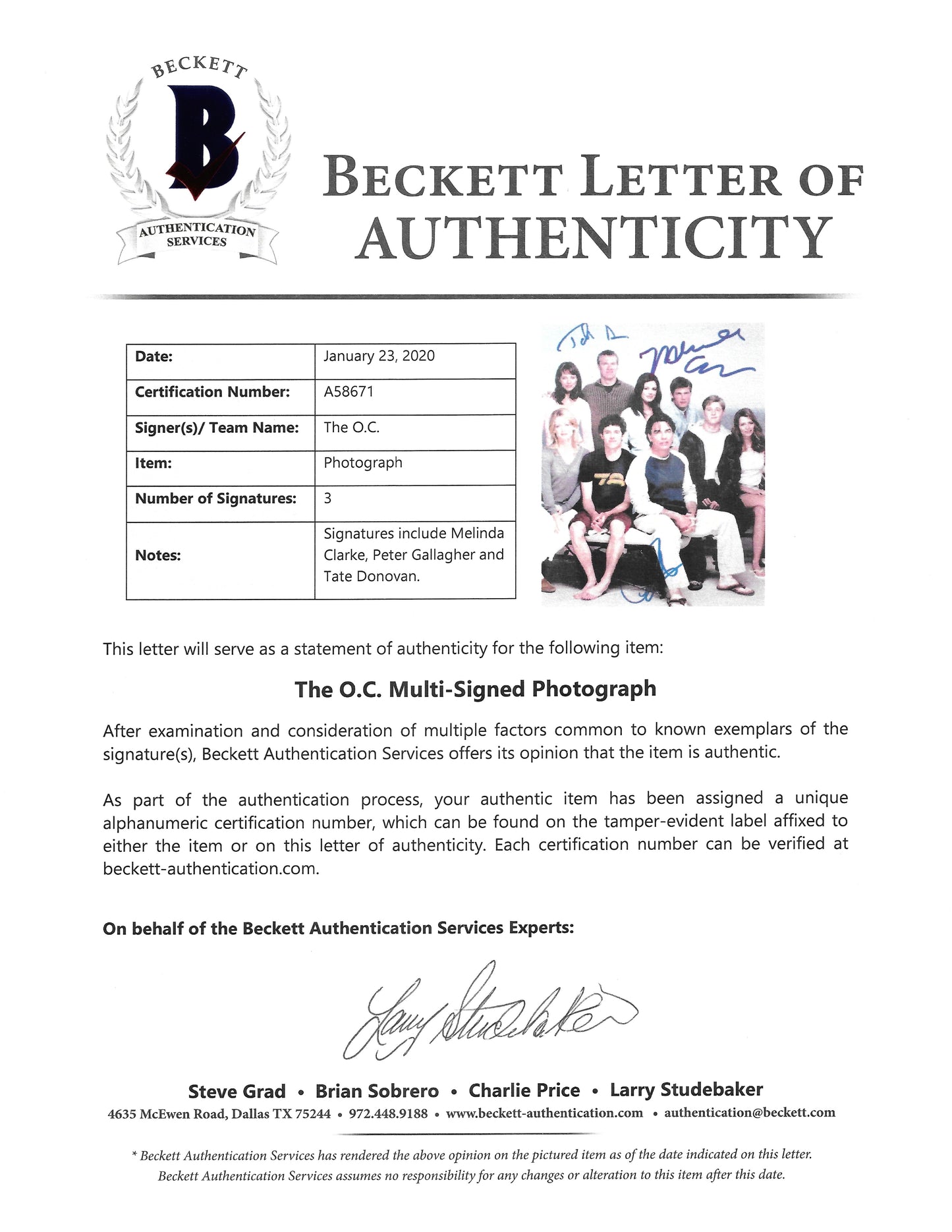 Hollywood- Autographed- The OC Cast 8x10 Photograph Signed by Melinda Clarke, Peter Gallagher and Tate Donovan - Beckett BAS Authentication - Letter of Authenticity LOA
