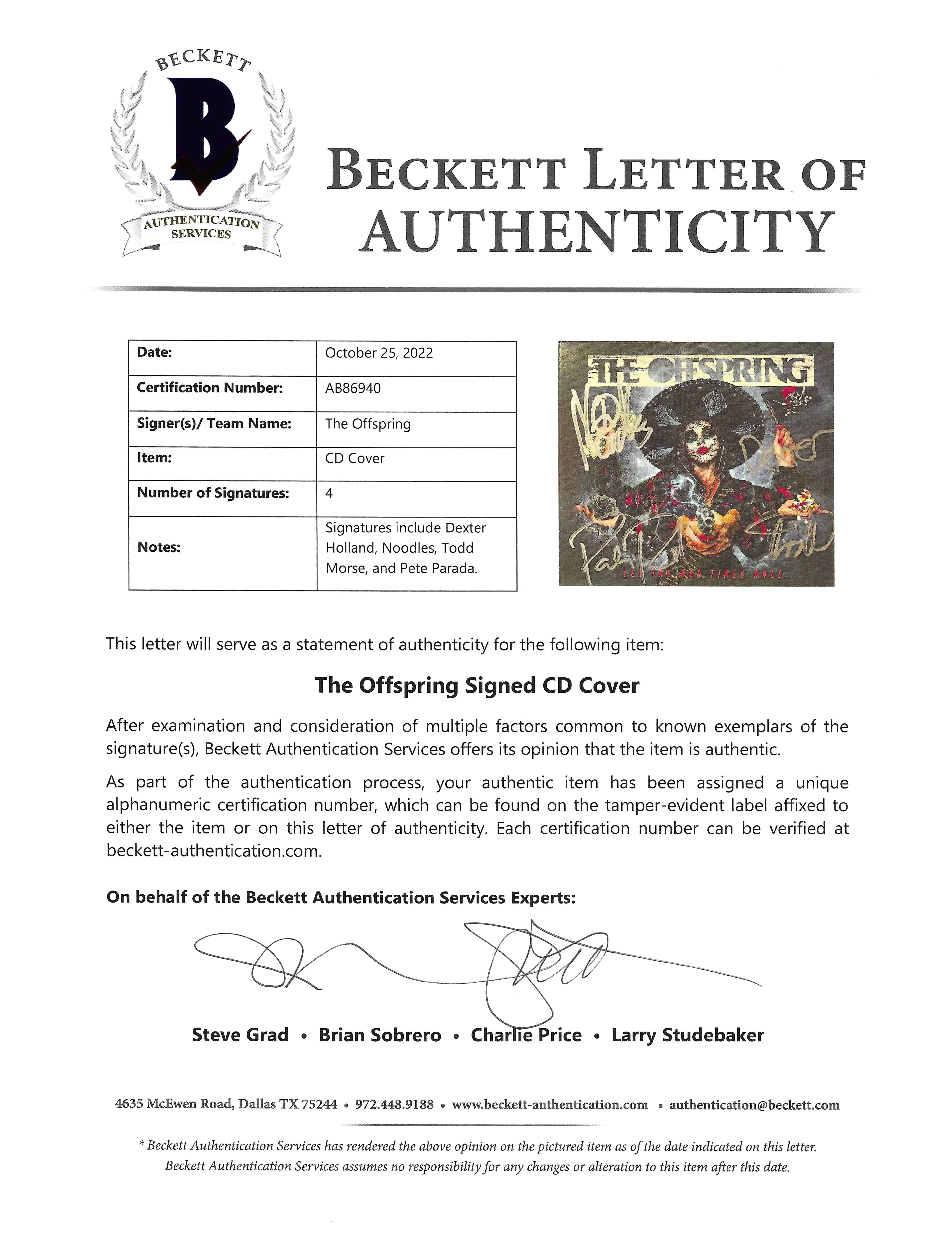 The Offspring signed photo – signature close-up – Beckett COA