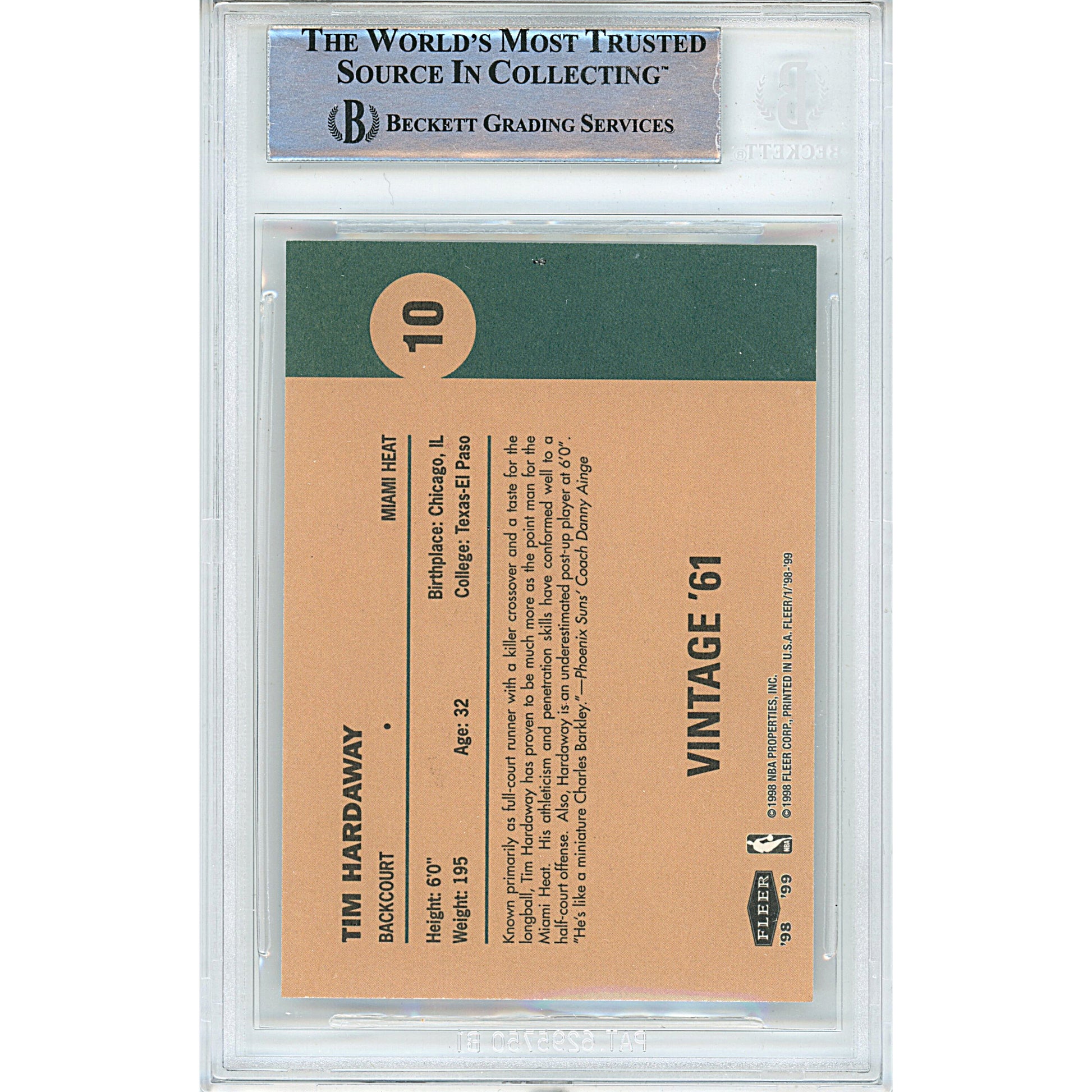 Basketballs- Autographed- Tim Hardaway Signed Miami Heat 1998-1999 Fleer Vintage '61 Basketball Card Beckett Authentication Slabbed 00014998847 - 103