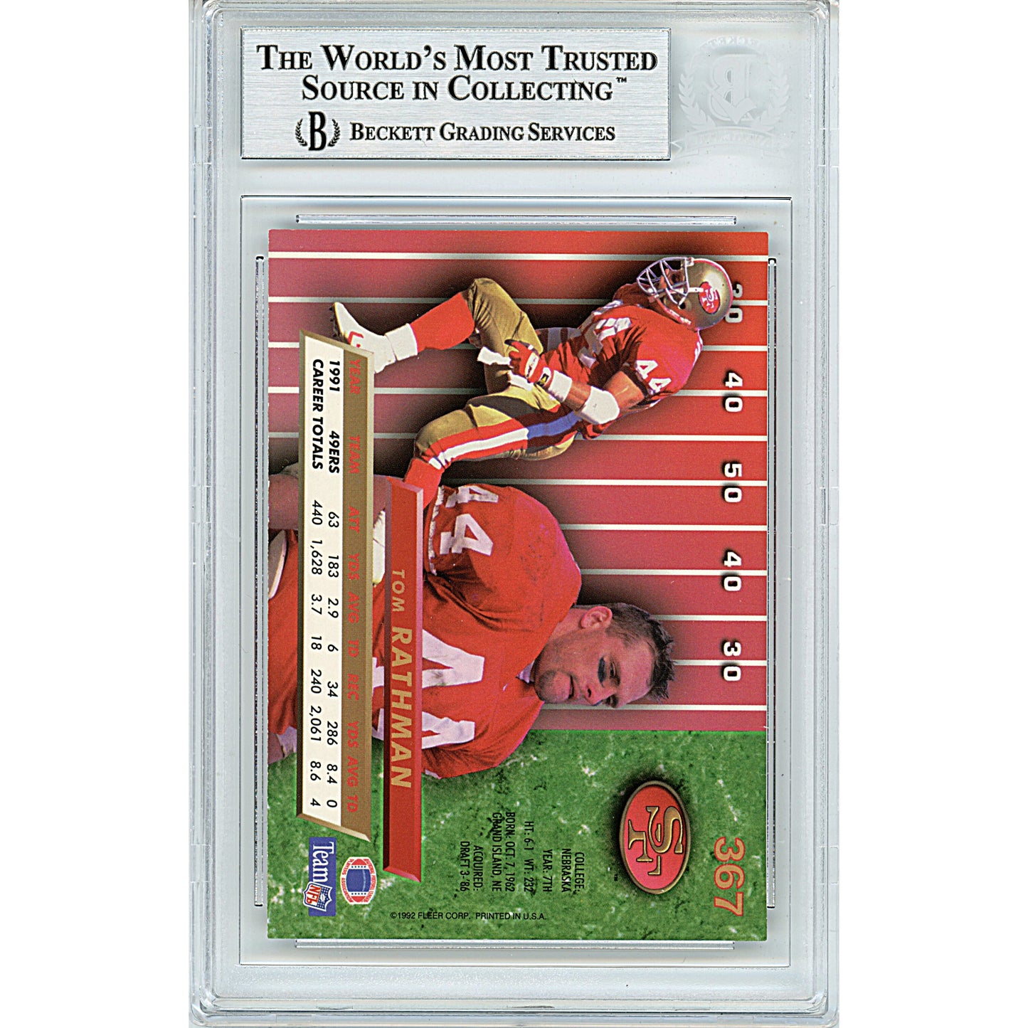 Footballs- Autographed- Tom Rathman Signed San Francisco 49ers 1992 Fleer Ultra Football Card Beckett BAS Slabbed 00014226516 - 103
