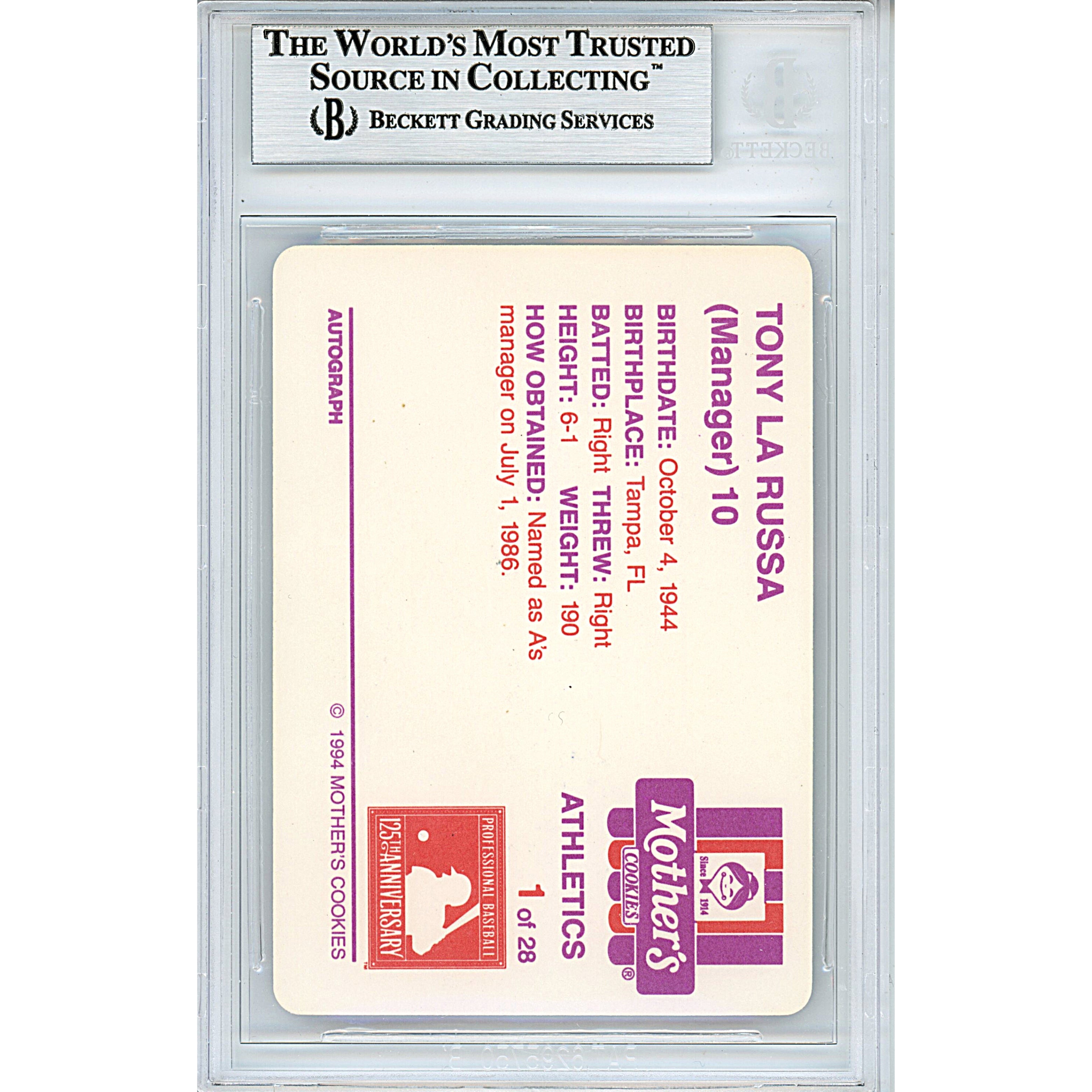 Tony LaRussa auto trading card – authentication sticker – Beckett COA