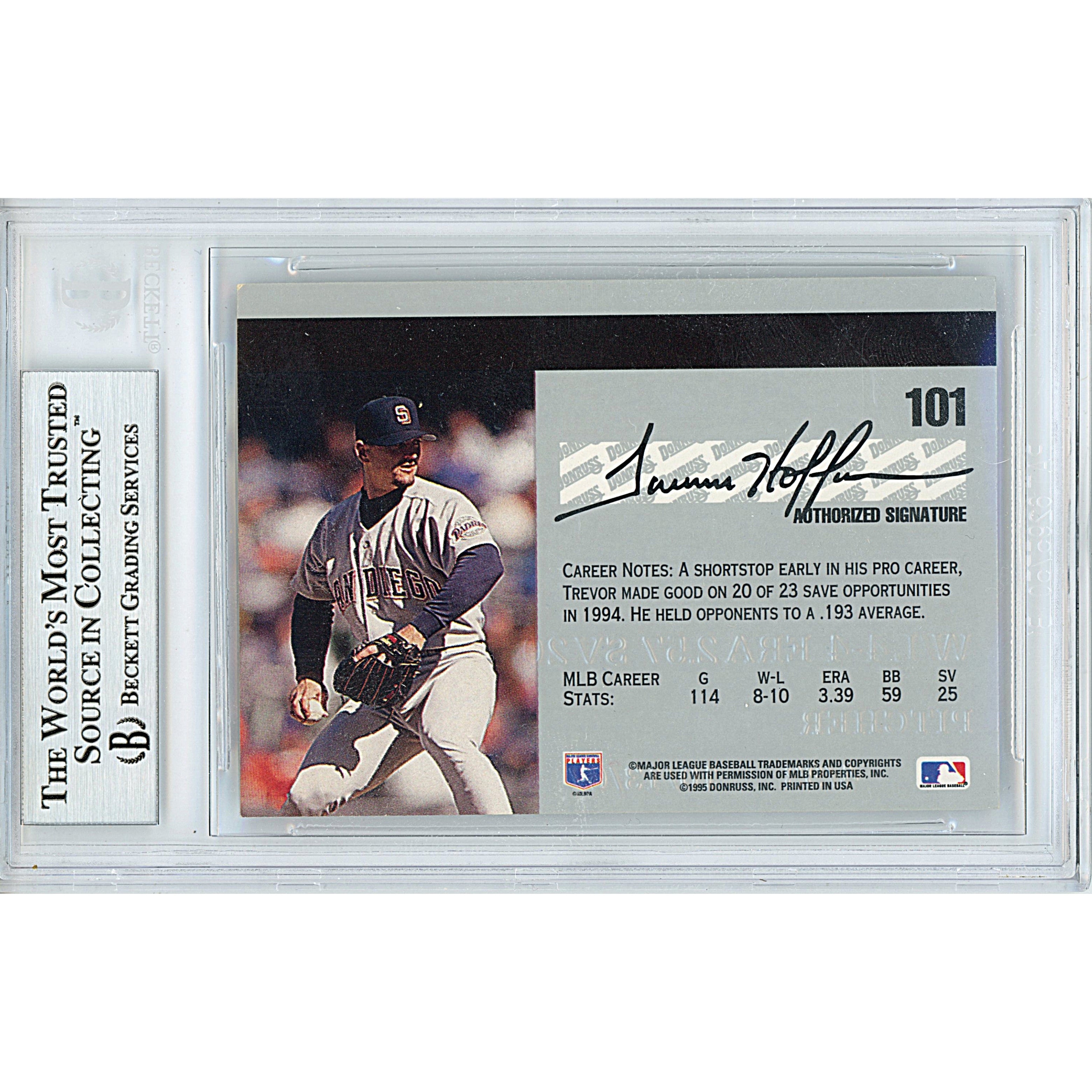Trevor Hoffman auto trading card – authentication sticker – Beckett COA
