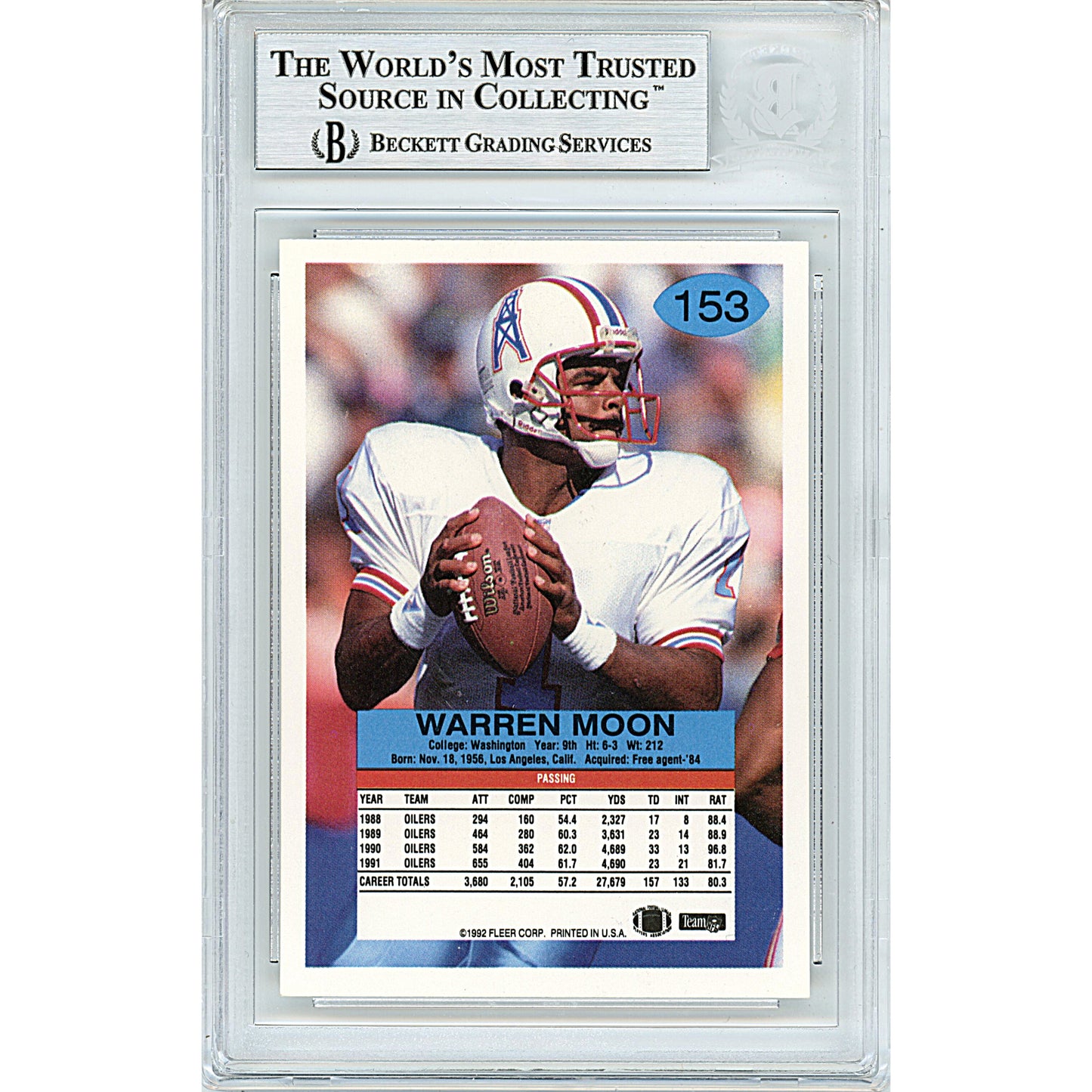 Footballs- Autographed- Warren Moon Signed Houston Oilers 1992 Fleer Football Card Beckett BAS Slabbed 00014225849 - 102