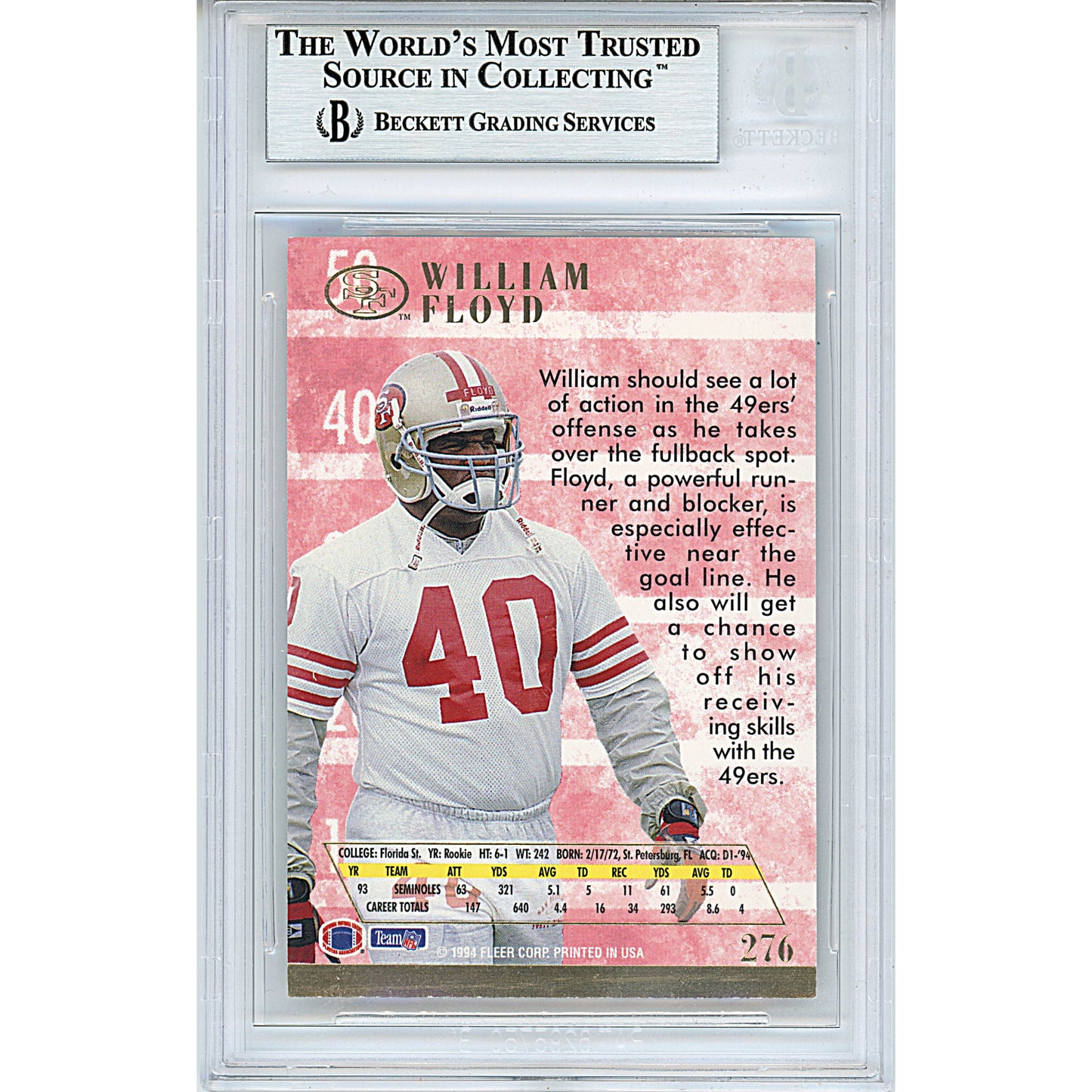 Footballs- Autographed- William Floyd Signed San Francisco 49ers 1994 Fleer Ultra Rookie Football Card Beckett BAS Slabbed 00013695114 - 102