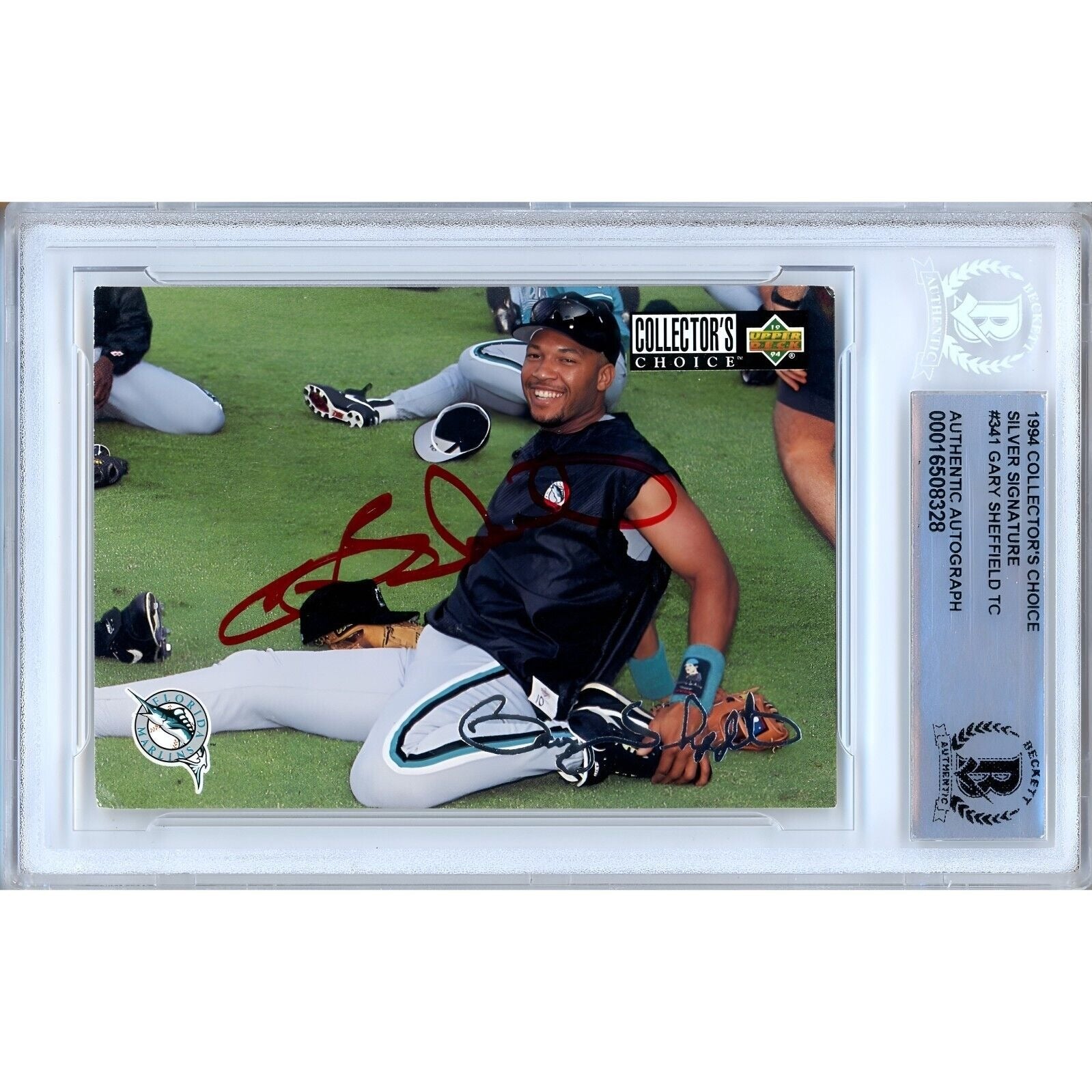 Baseballs- Autographed- Gary Sheffield Miami Marlins Signed 1994 Collectors Choice Silver Signature Baseball Card Beckett Authentic Auto Slab Front