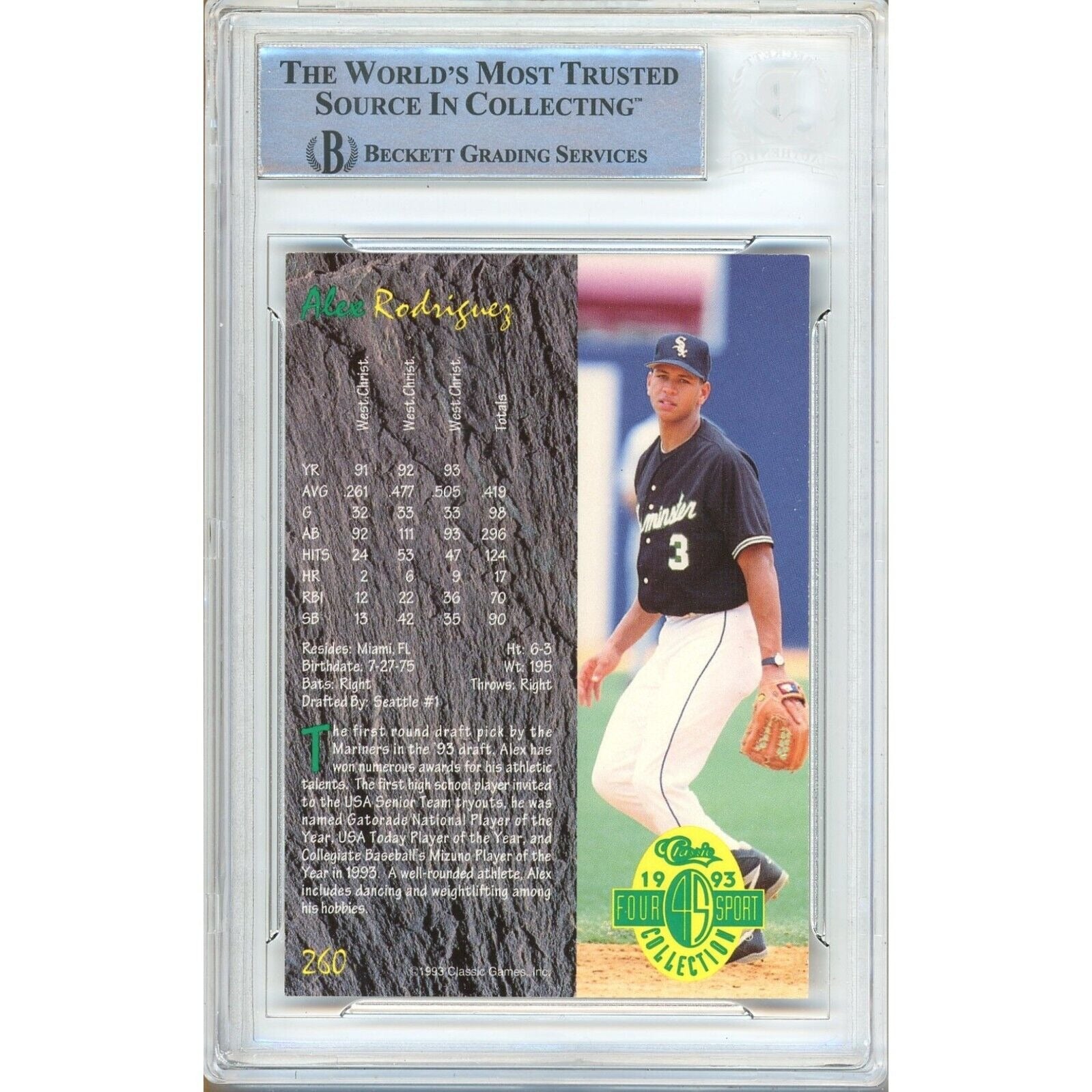 Baseballs- Autographed- Alex Rodriguez Signed 1993 Classic Four Sport Rookie Baseball Card Beckett Authentic Auto Slab Back