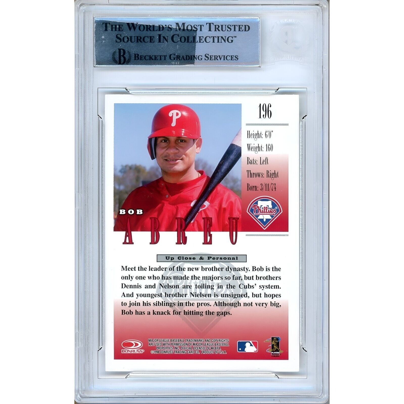 1998 Donruss Bobby Abreu Phillies Signed Trading Card – Beckett BAS
