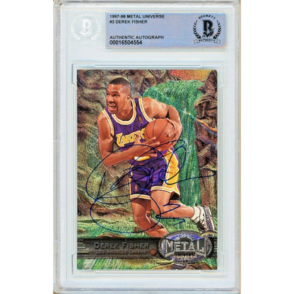 Basketballs- Autographed- Derek Fisher Los Angeles Lakers Signed 1997-98 Fleer Metal Universe Basketball Card Beckett Authentic Auto Slab Front