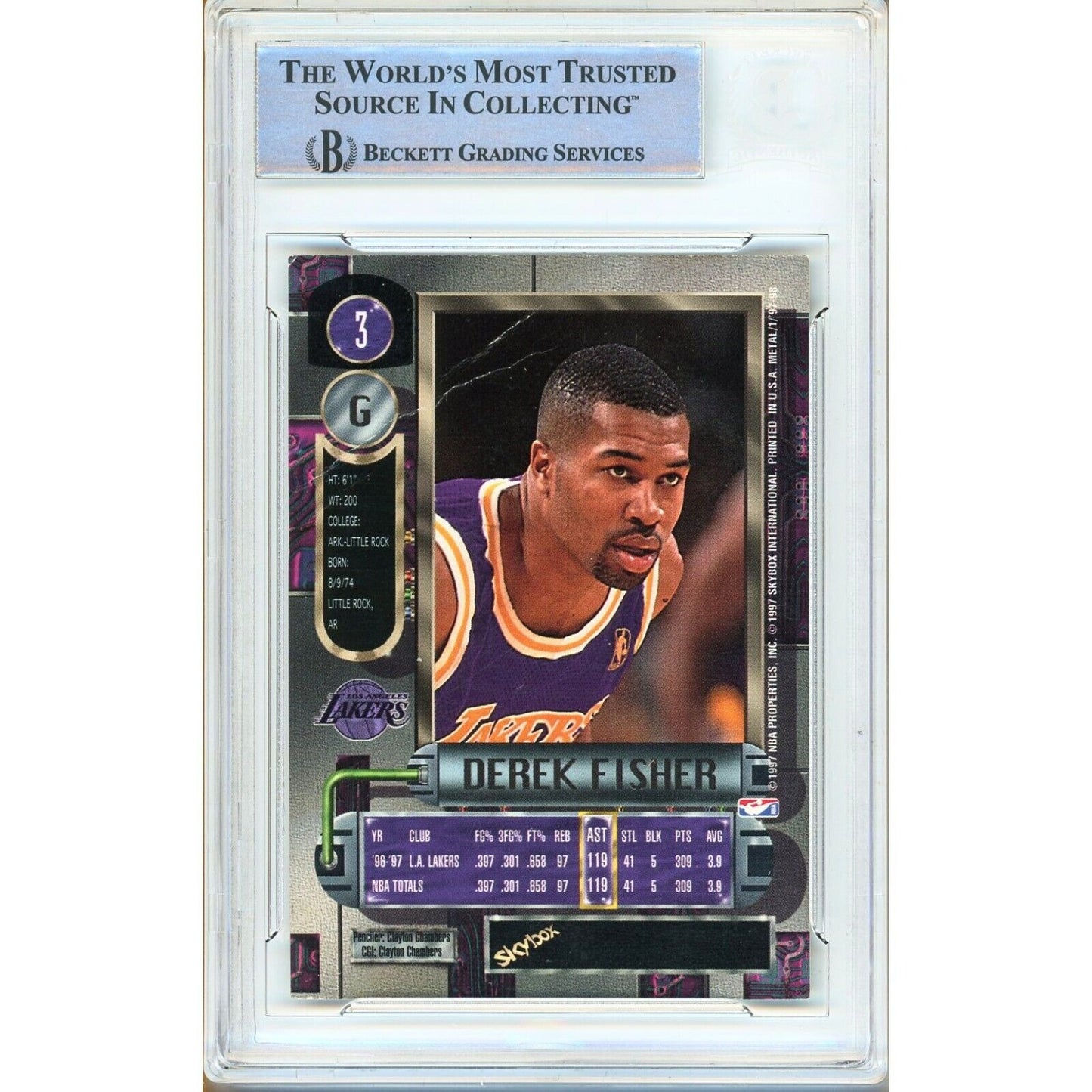 Basketballs- Autographed- Derek Fisher Los Angeles Lakers Signed 1997-98 Fleer Metal Universe Basketball Card Beckett Authentic Auto Slab Back