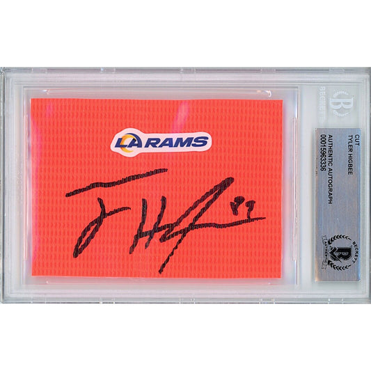 Footballs- Autographed- Tyler Higbee Los Angeles Rams Signed Football End Zone Pylon Signature Cut Beckett Authentic Auto Slab Front