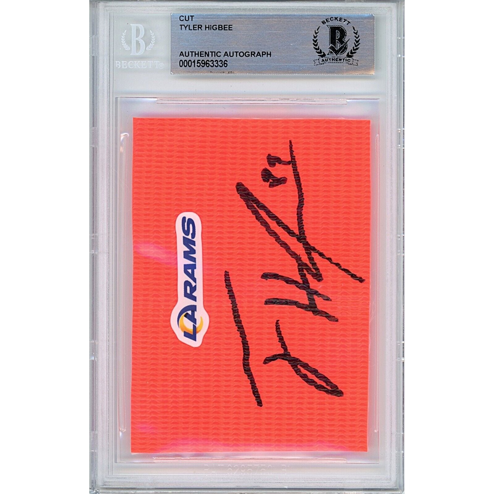 Footballs- Autographed- Tyler Higbee LA Rams Signed Football End Zone Pylon Signature Cut Beckett Authentic Auto Slab Front