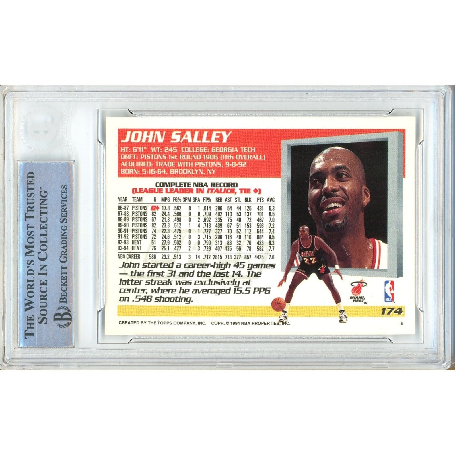 Basketballs- Autographed- John Salley Miami Heat Signed 1994-95 Topps Basketball Card Beckett Authentic Auto Slab Back