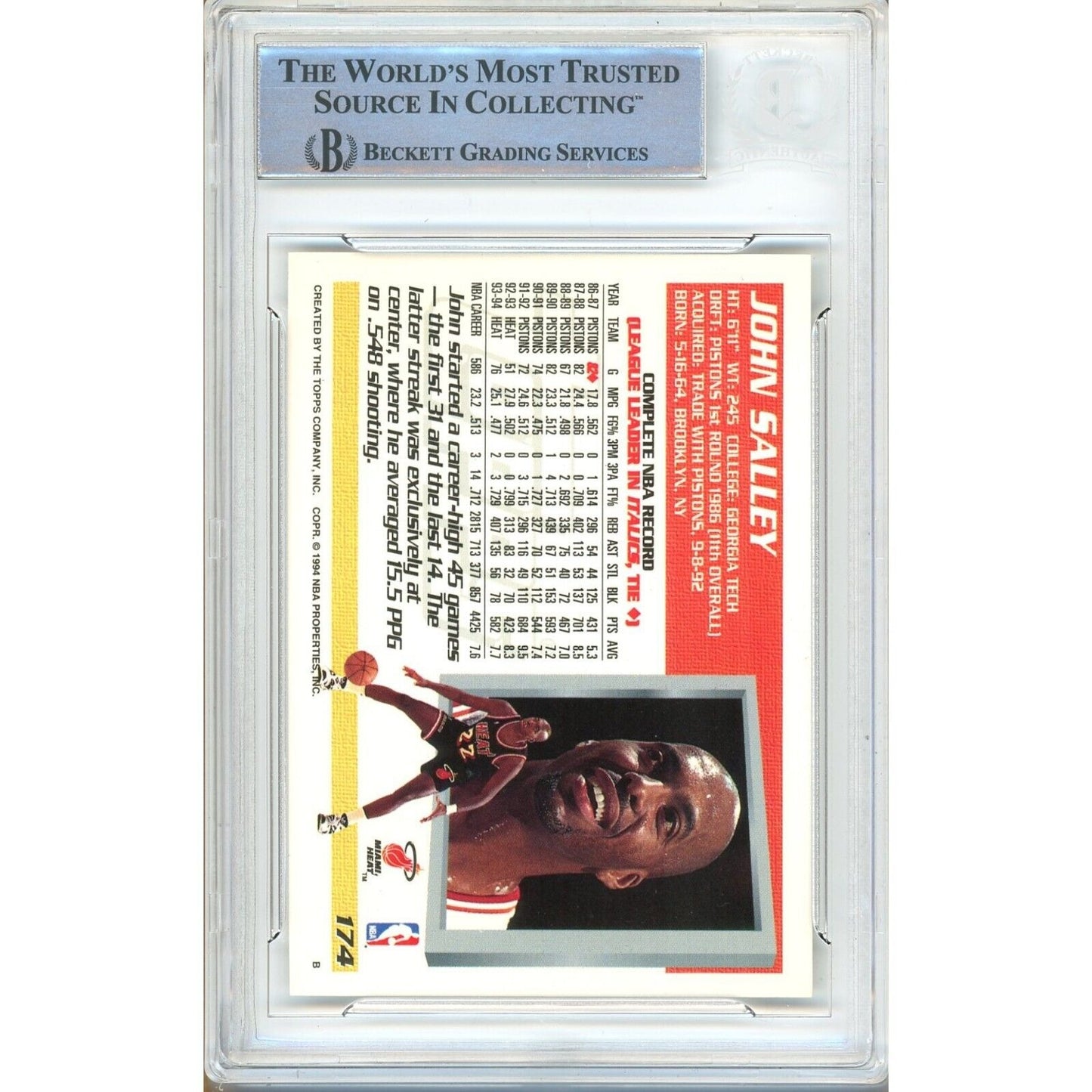 Basketballs- Autographed- John Salley Miami Heat Signed 1994-95 Topps Basketball Card Beckett Authenticated Auto Slab Back