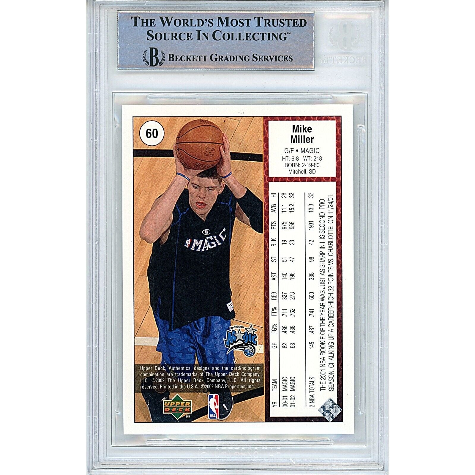 Basketballs- Autographed- Mike Miller Orlando Magic Signed 2012-13 Upper Deck Authentics Basketball Card Beckett Auth Auto Slab Back