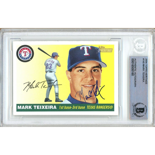 Baseballs- Autographed- Mark Teixeira Texas Rangers Signed 2004 Topps Heritage Baseball Card Beckett Authentic Auto Slab Front