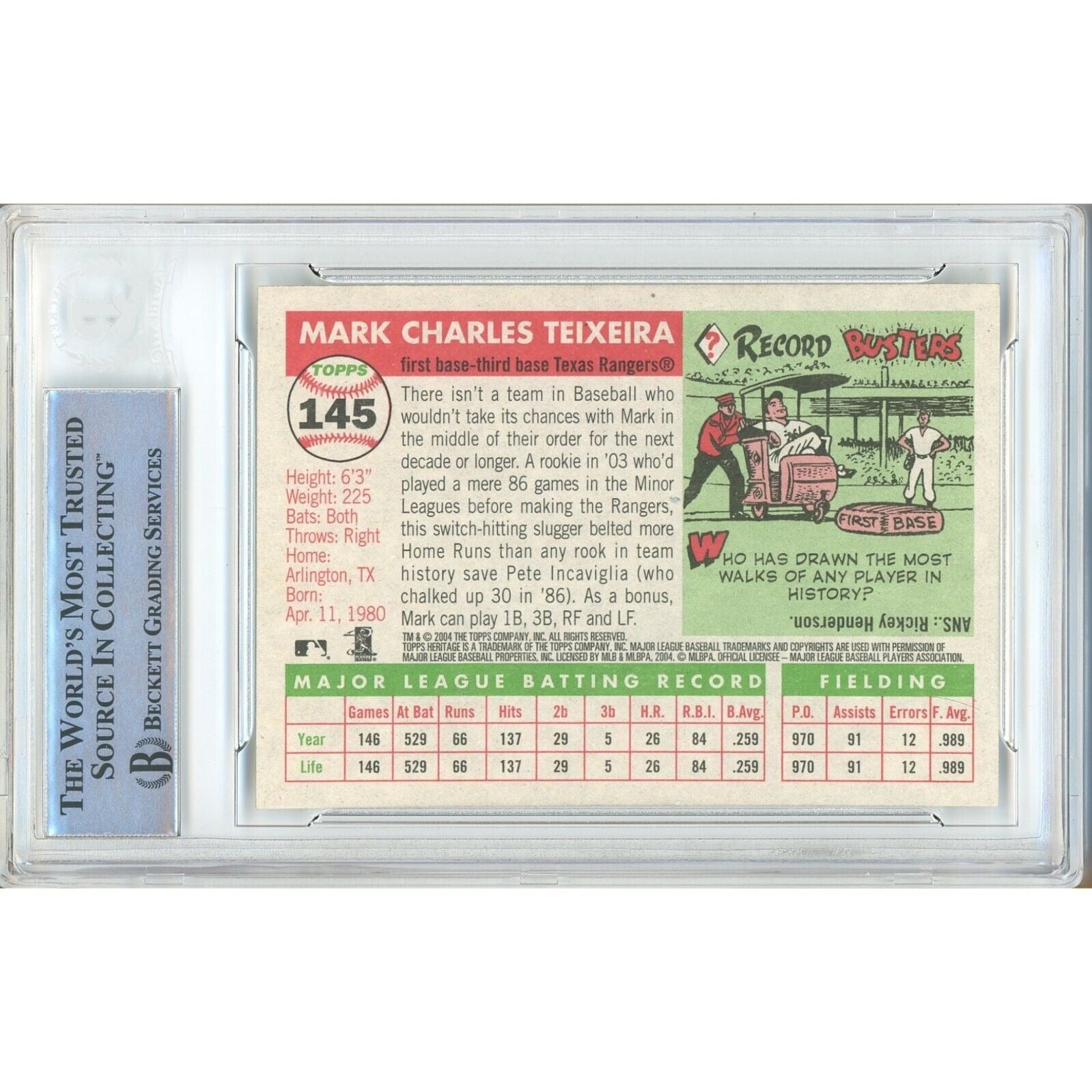 Mark Teixeira Texas Rangers auto trading card – authentication sticker – Beckett COA