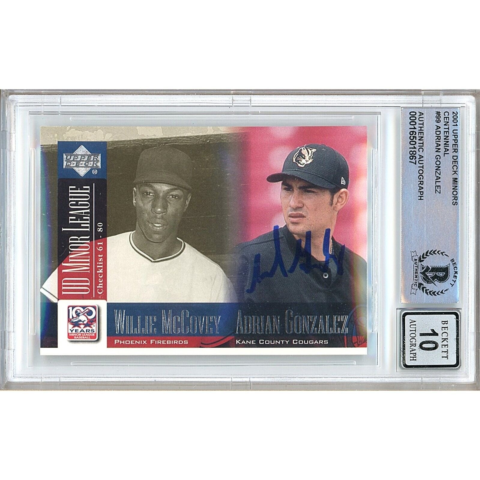 Adrian Gonzalez Upper Deck Minors Centennial Autographed Trading Card Beckett BGS