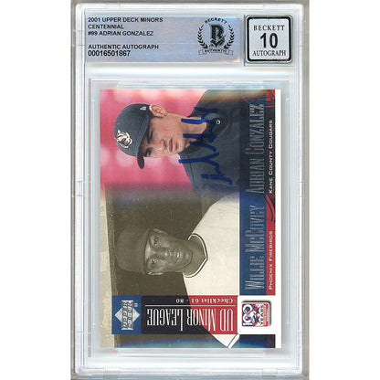 Baseballs- Autographed- Adrian Gonzalez Signed 2001 Upper Deck Minors Centennial Rookie Baseball Card with Willie McCovey, Beckett Authentic BGS Auto-10 Graded Slab Front