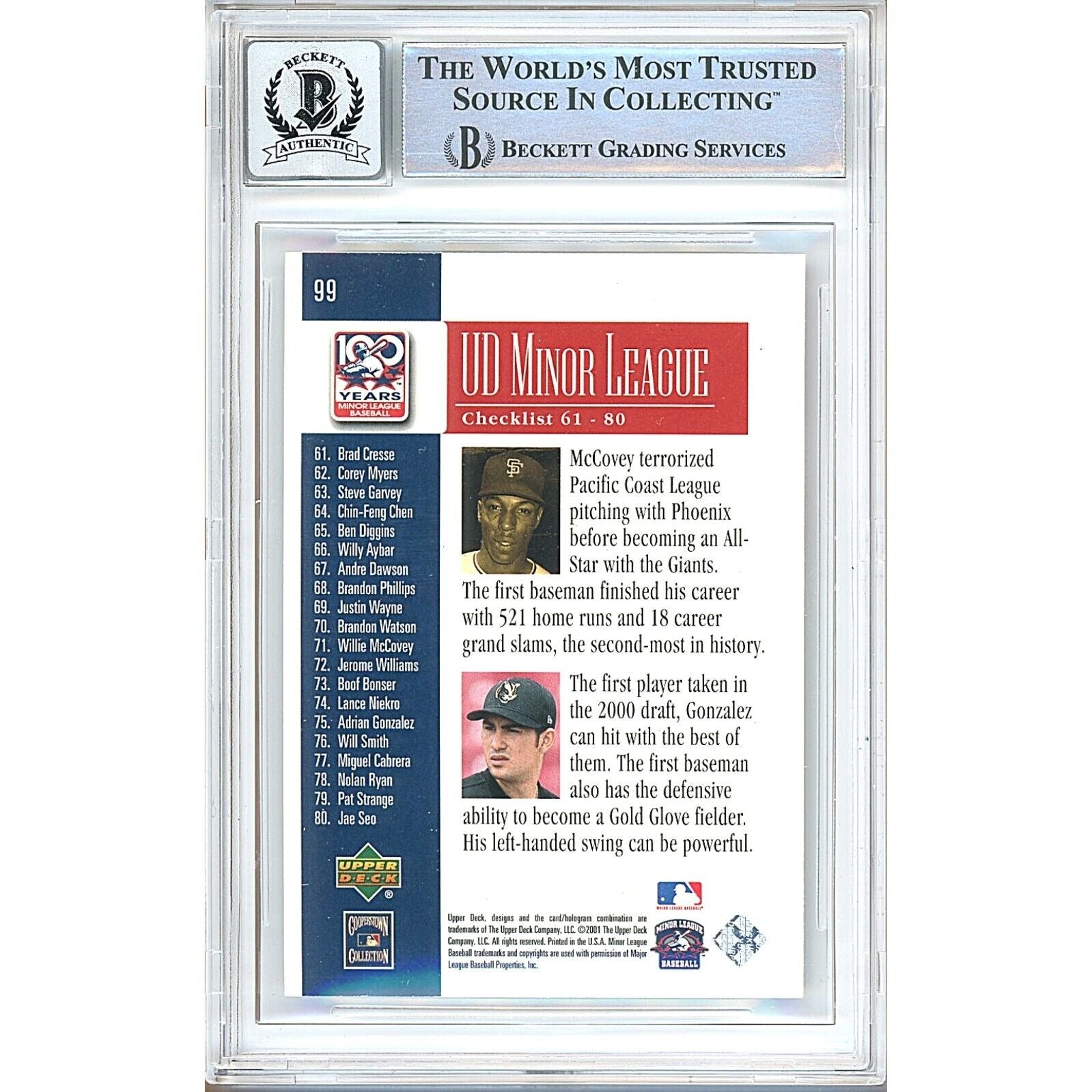 Baseballs- Autographed- Adrian Gonzalez Signed 2001 Upper Deck Minors Centennial Rookie Baseball Card with Willie McCovey, Beckett Authentic BGS Auto-10 Graded Slab Back