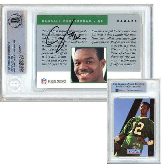 Footballs- Autographed- Randall Cunningham Philadelphia Eagles Signed 1991 Pro Line Portraits Autographs Football Card Beckett Authentic Auto Slab Front and Back